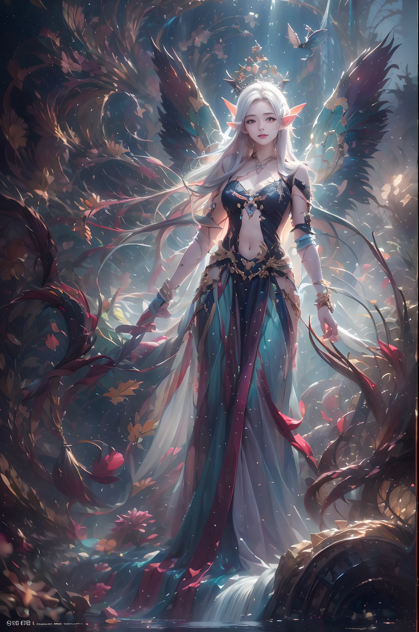 ( Absurd, High quality, Ultra-detailed, Masterpiece, concept-art, smooth, high detail artwork, Hyper-realistic painting ) , elf, Plum elf, plum , Transparent fairy wings, huge tit，low chest，fairytale-like, Romantic, Vivid, Whole body,hand behind back，Malu，largeeyes，（Eye focus），Cosmic eyes，Space eyes，ssmile，In nature with waterfalls，PureErosFace_V1，Urzang-6500-V1 Edition.1，