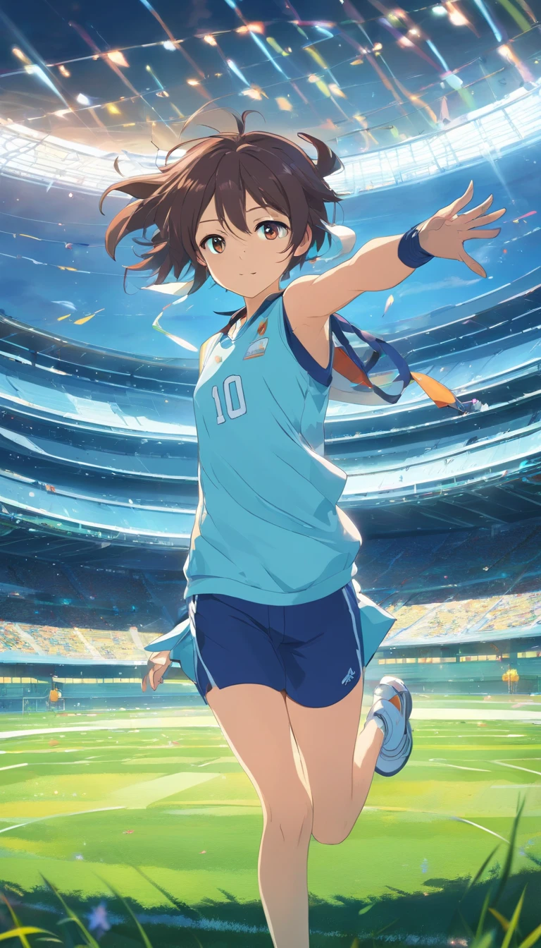 Glass round medal。 Acrylic material。Place vertically on the grass in the middle of the stadium on the runway。Athletics field。Sense of space
