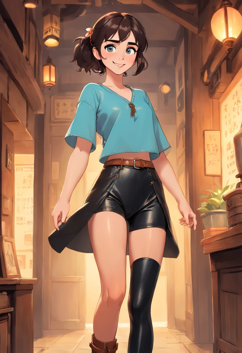 1girl, lily collins, ((freckles)), tan, happy, smile, confident, looking at viewer, upper body focus, tunic, crop top, ((leather leggings)), boots, light blue eyes, black hair, big ponytail,