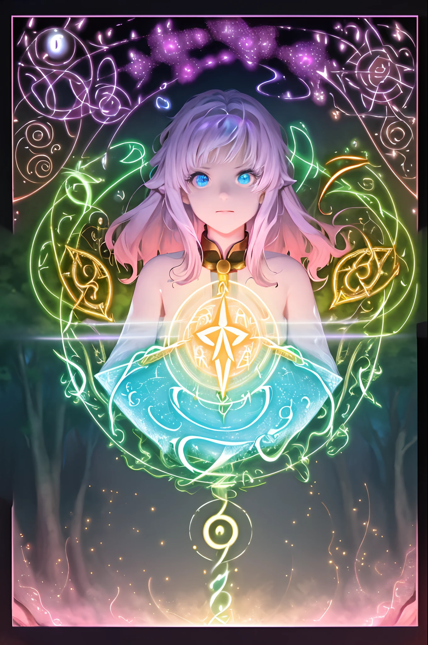 best quality, masterpiece, illustration, ultra-detailed, beautiful detailed eyes, (1girl:1.3),
magician, enchanting spell, high-angle view, magical forest, otherworldly beauty, casting pose, magical staff, invocation effects, soft and ethereal light, fantastical atmosphere, mystical creatures, empowering allies, enhancing abilities, elemental magic, swirling energy, pulsating aura, determination, support, vibrant colors, glowing runes, levitating, swirling leaves, teamwork, magical bonds, protective shield, guiding light, shimmering particles, enchanted surroundings, harmony with nature, hope, wisdom, ancient secrets, celestial beings, arcane knowledge, mystic symbols, spellcasting, elemental forces,