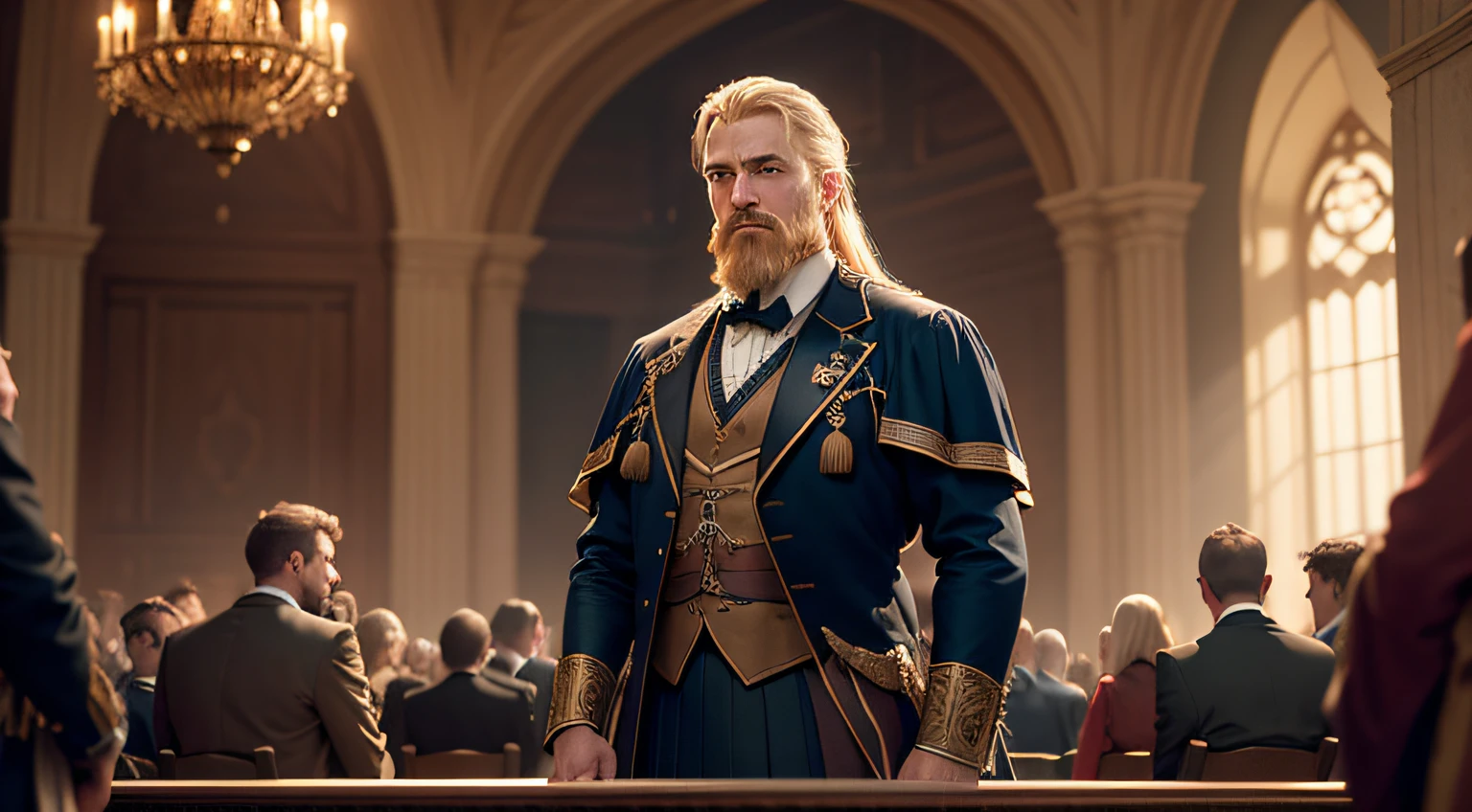 (a man with) blonde hair, (and) blue eyes, (dressed in) medieval attire, (standing) on a stage, (giving) a speech. (The stage) is decorated with elegant curtains and a grand chandelier that illuminates the scene. (The man's) expressive face captures the attention of the audience as he passionately delivers his message. (His) handsome features are complemented by a well-groomed beard and mustache. (In the background), there are rows of eager listeners, dressed in formal attire, seated in ornate wooden chairs. (The atmosphere) is filled with anticipation and excitement, as the man's powerful voice echoes throughout the magnificent hall. (The scene) exudes a sense of historical significance and intellectual discourse. (The image) is of the highest quality, with rich details in every aspect. The colors are vibrant and realistic, lending an air of authenticity to the medieval setting. The lighting, reminiscent of studio lighting, casts dramatic shadows and highlights, further enhancing the atmosphere. The overall artistic style is realistic, capturing the intricate details of the man's attire and facial features.