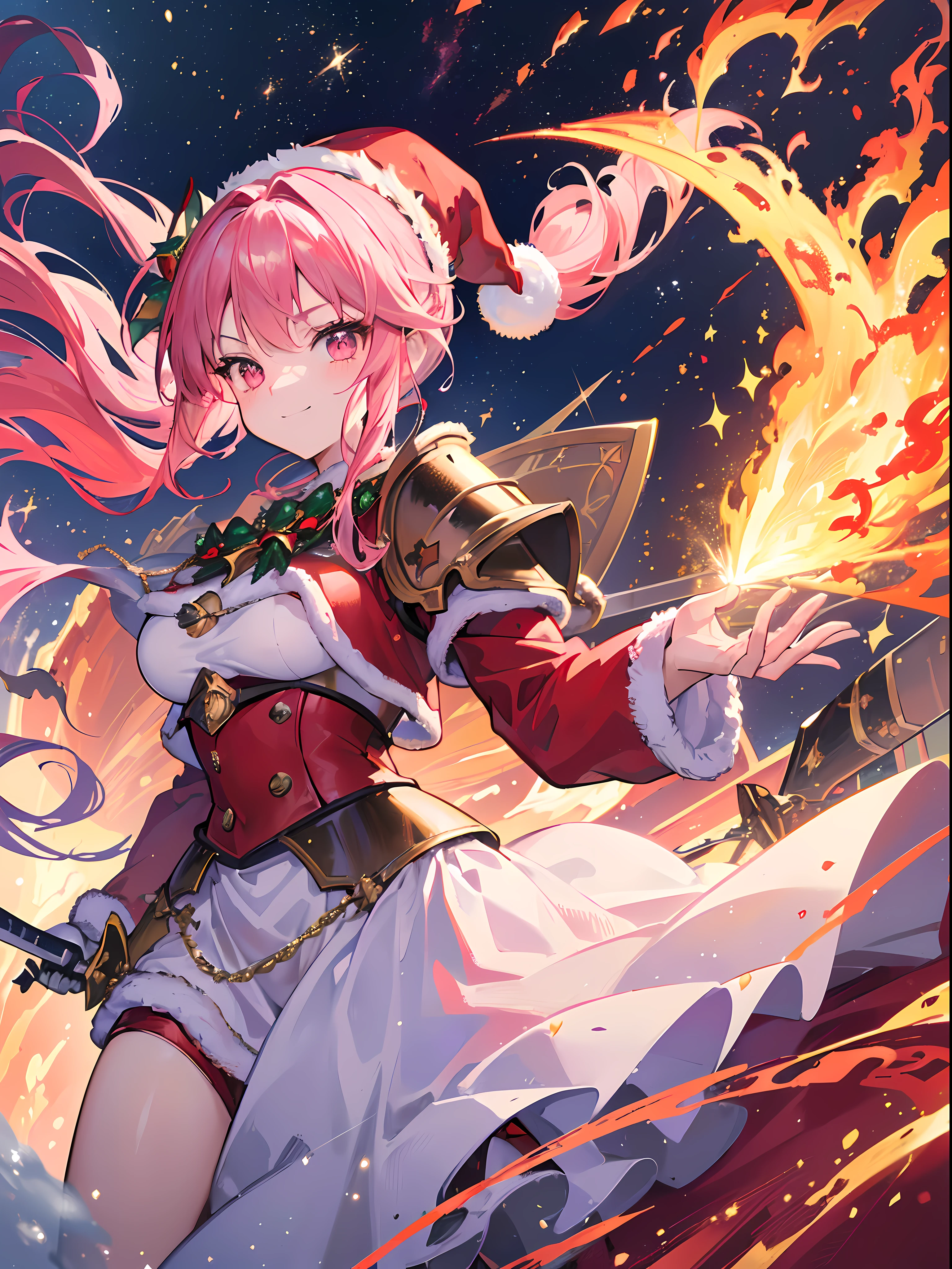(Best Quality, masterpiece:1.3), Illustrations, Anime, Very high resolution, large filesize, full color, Beautiful detailed glow, Front light, 1girl, Solo, Christmas, (santa hat), ((Santa costume|Knight armor:1.3)), (gigantic swords:1.2), Christmas Decorations, Smiling, pink hair, Side ponytail, pink eyes, dragon wing, Dynamic Angle, (Fire effects:1.4), Fighting,