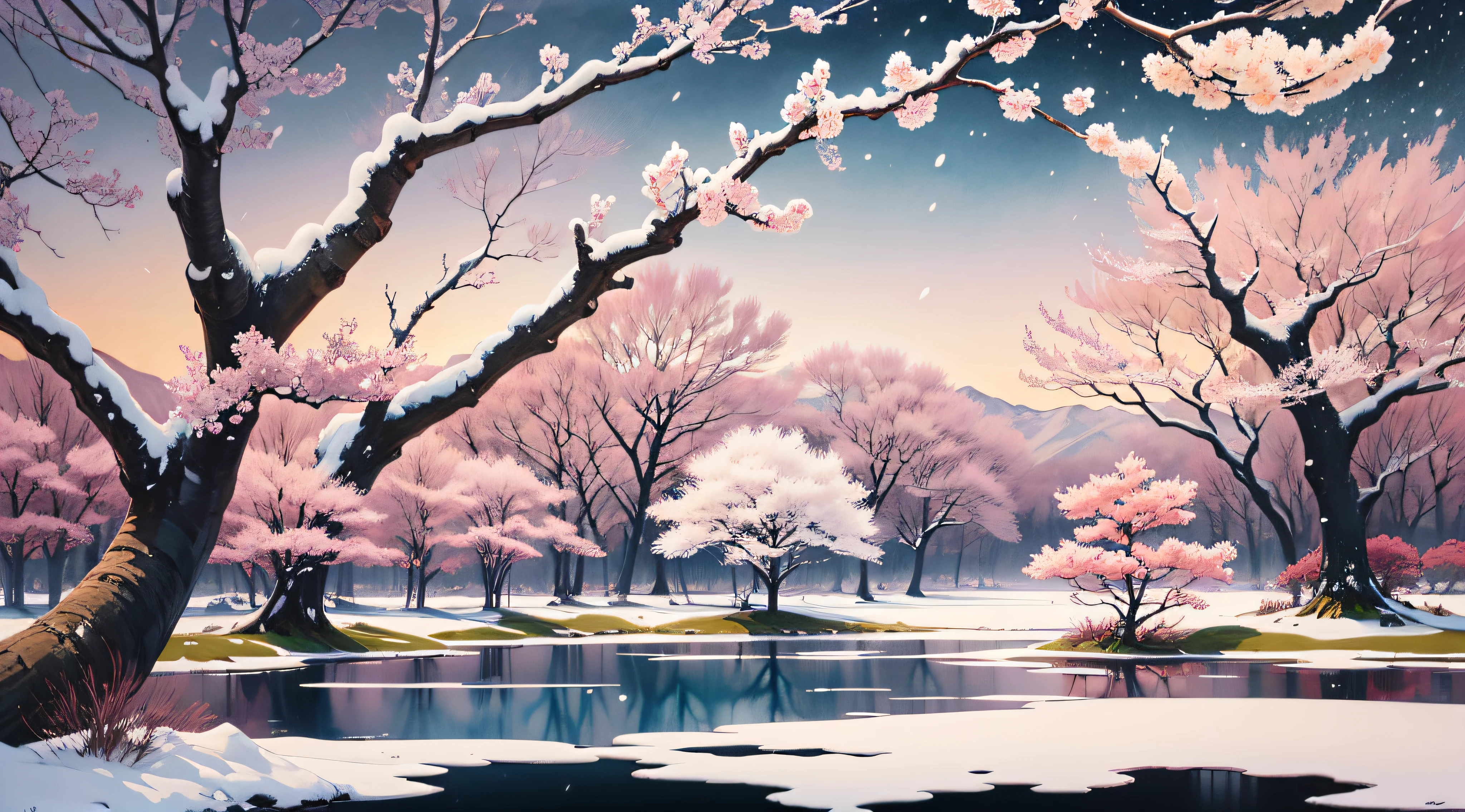 ukiyoe painting、ink and watercolor painting、masterpiece、top-quality、An ultra-high picture quality、4K picture quality、super precision、snowscape、cherry blossom in full bloom、large tree、beautiful gradients
