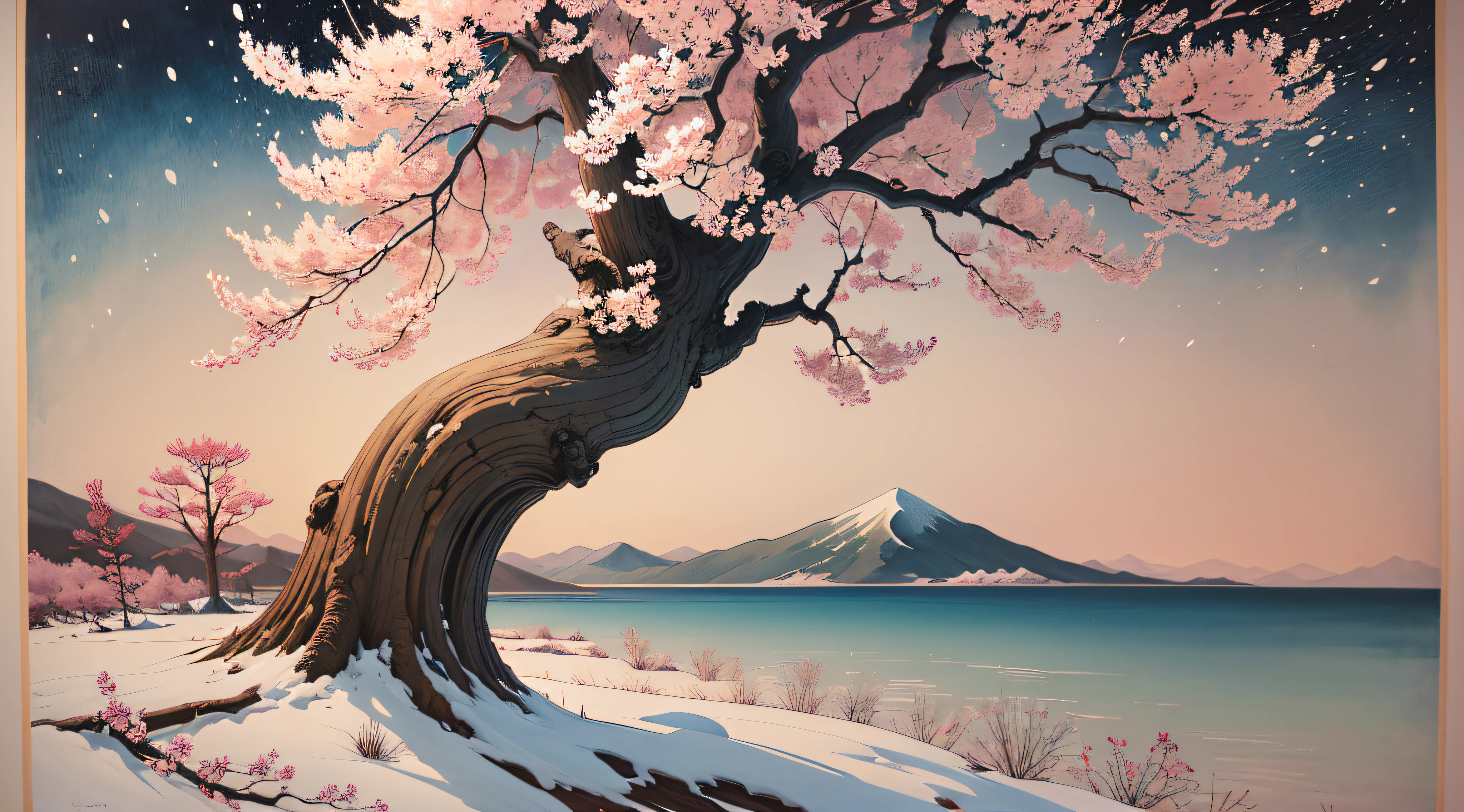 ukiyoe painting、ink and watercolor painting、​masterpiece、top-quality、An ultra-high picture quality、4K picture quality、super precision、snowscape、cherry blossom in full bloom、large tree、beautiful gradients