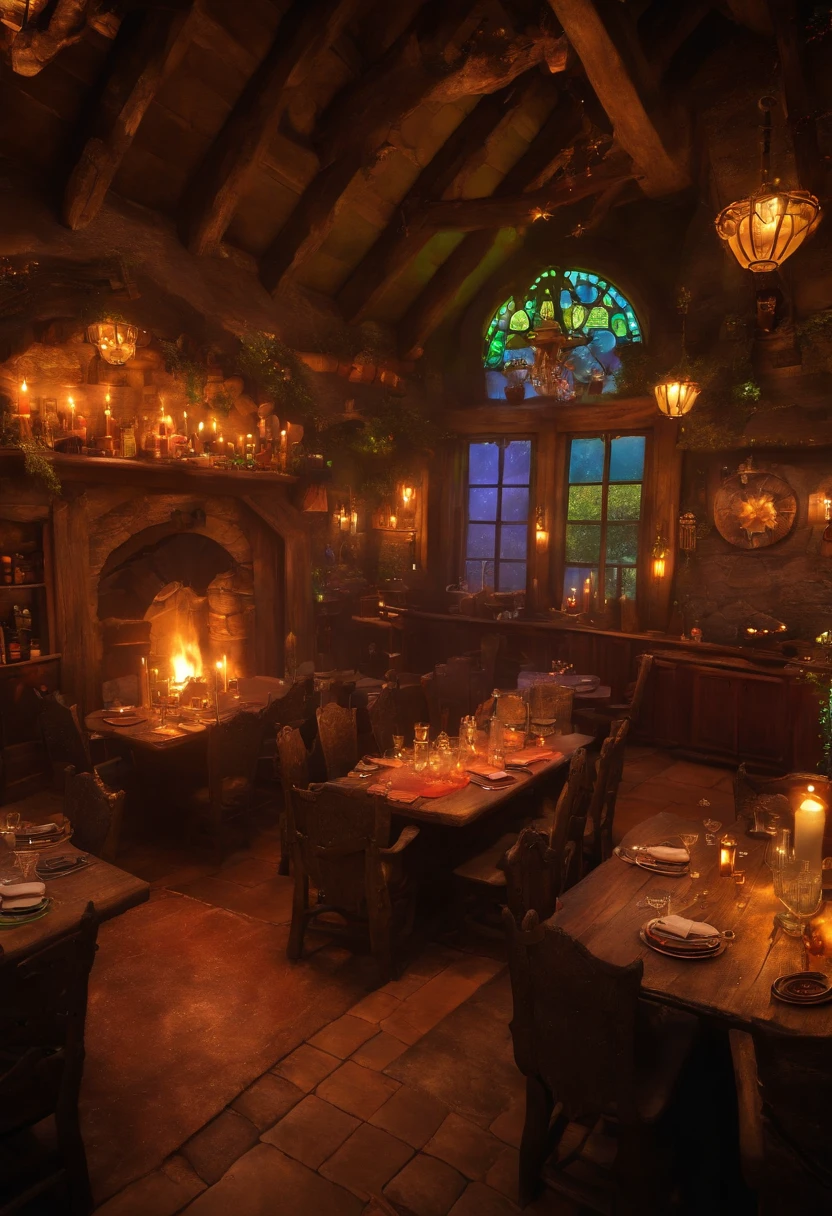 fantasy tavern interior, space tavern, rustic, artifacts on the walls, showcase artifacts, tavern patrons, dark tavern, space outside windows, space theme, ((silvery space flora, space flora)), space background, night time outside, (((((rainbow fire)))))