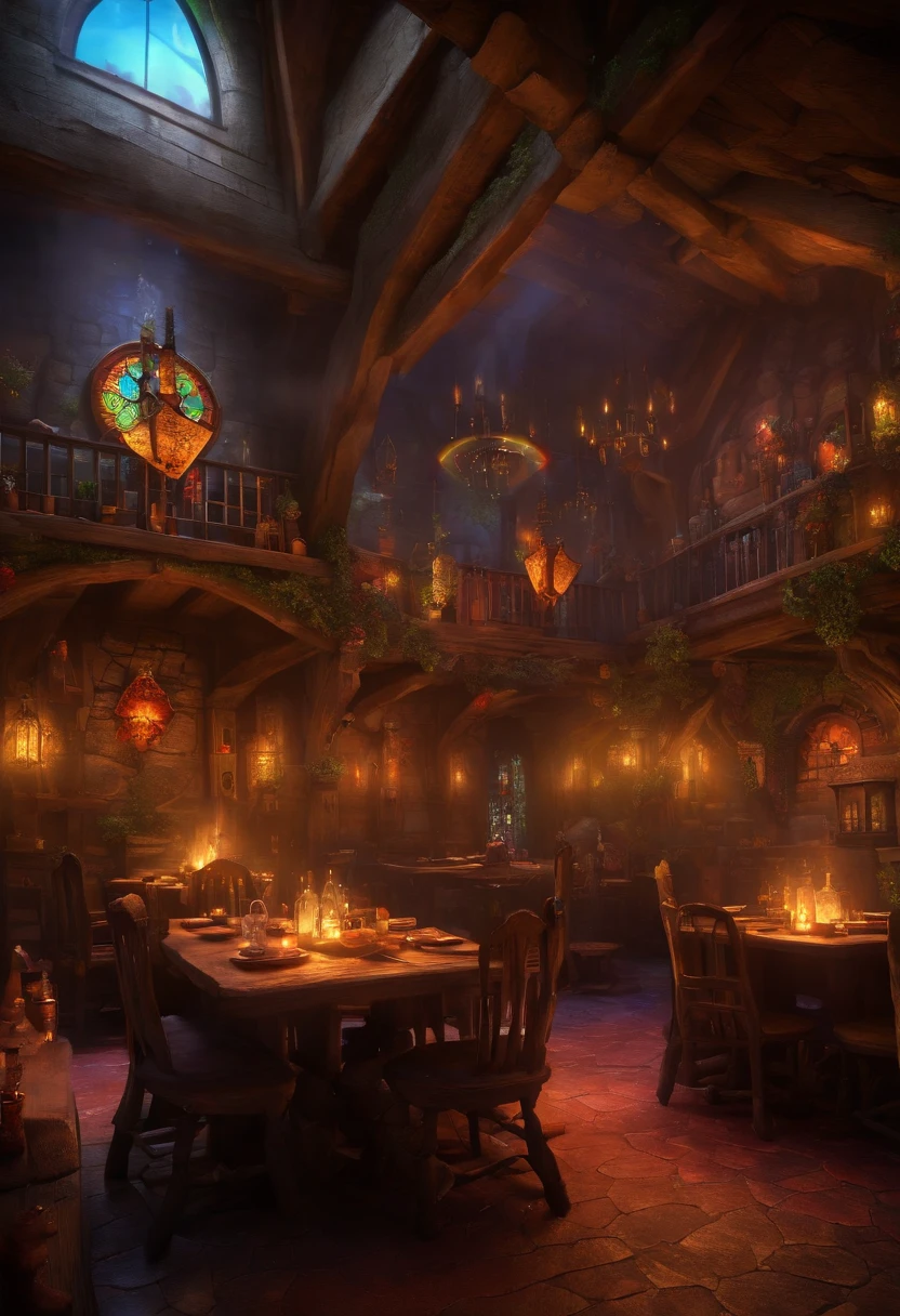 fantasy tavern interior, space tavern, rustic, artifacts on the walls, showcase artifacts, tavern patrons, dark tavern, space outside windows, space theme, ((silvery space flora, space flora)), space background, night time outside, (((((rainbow fire)))))