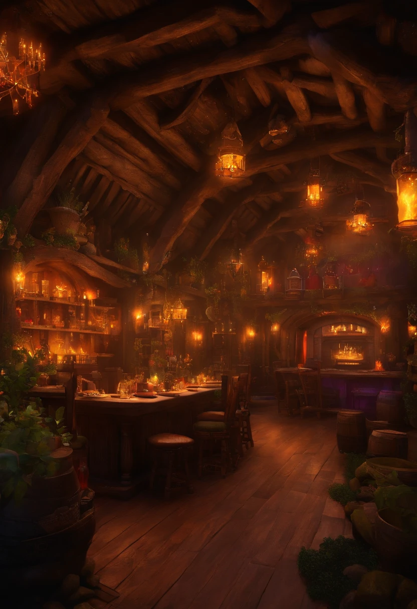 fantasy tavern interior, space tavern, rustic, artifacts on the walls, showcase artifacts, tavern patrons, dark tavern, space outside windows, space theme, ((silvery space flora, space flora)), space background, night time outside, (((((rainbow fire)))))