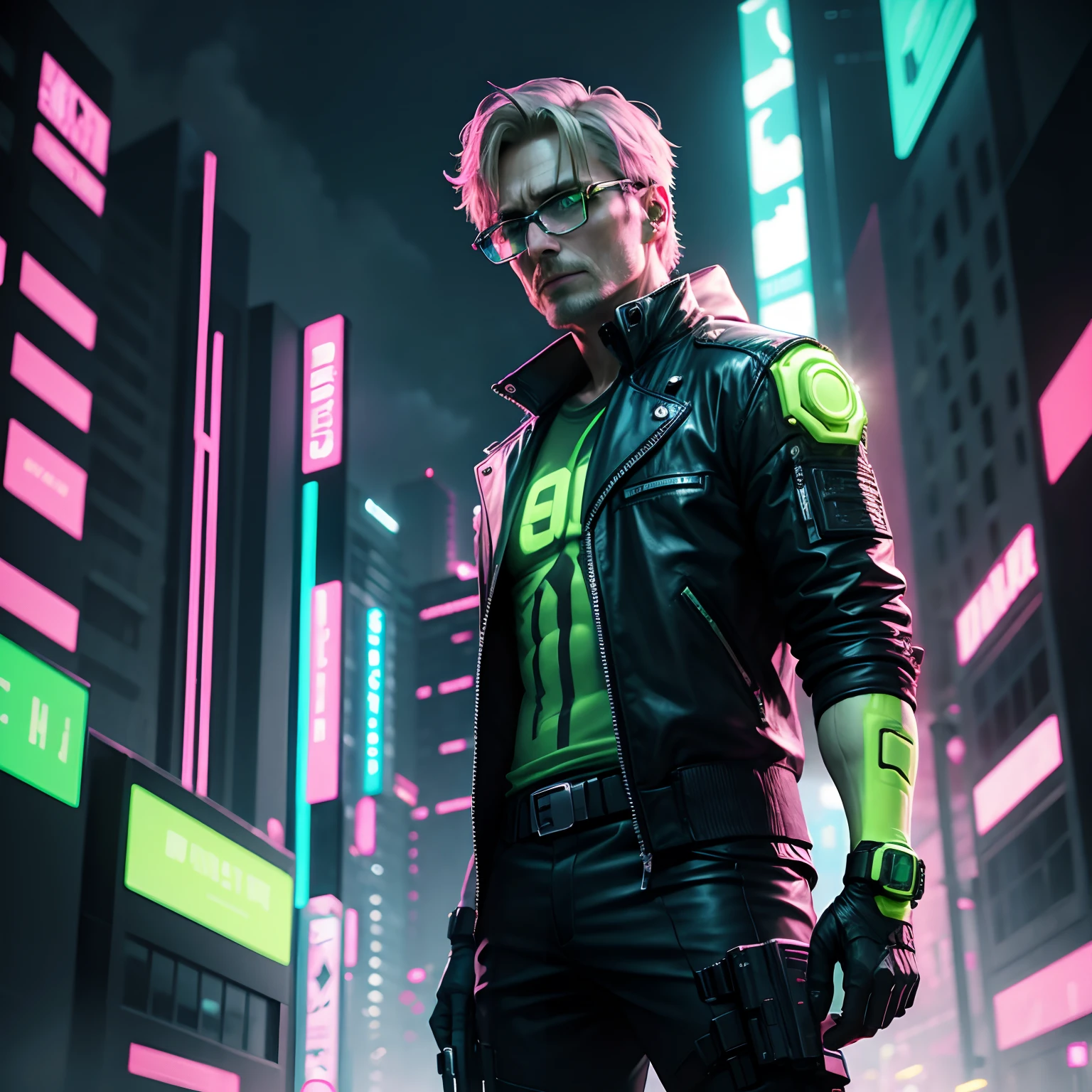 Cyberpunk neon green man wearing glasses on pink cityscape background、Mads Mikkelsen Mercenary