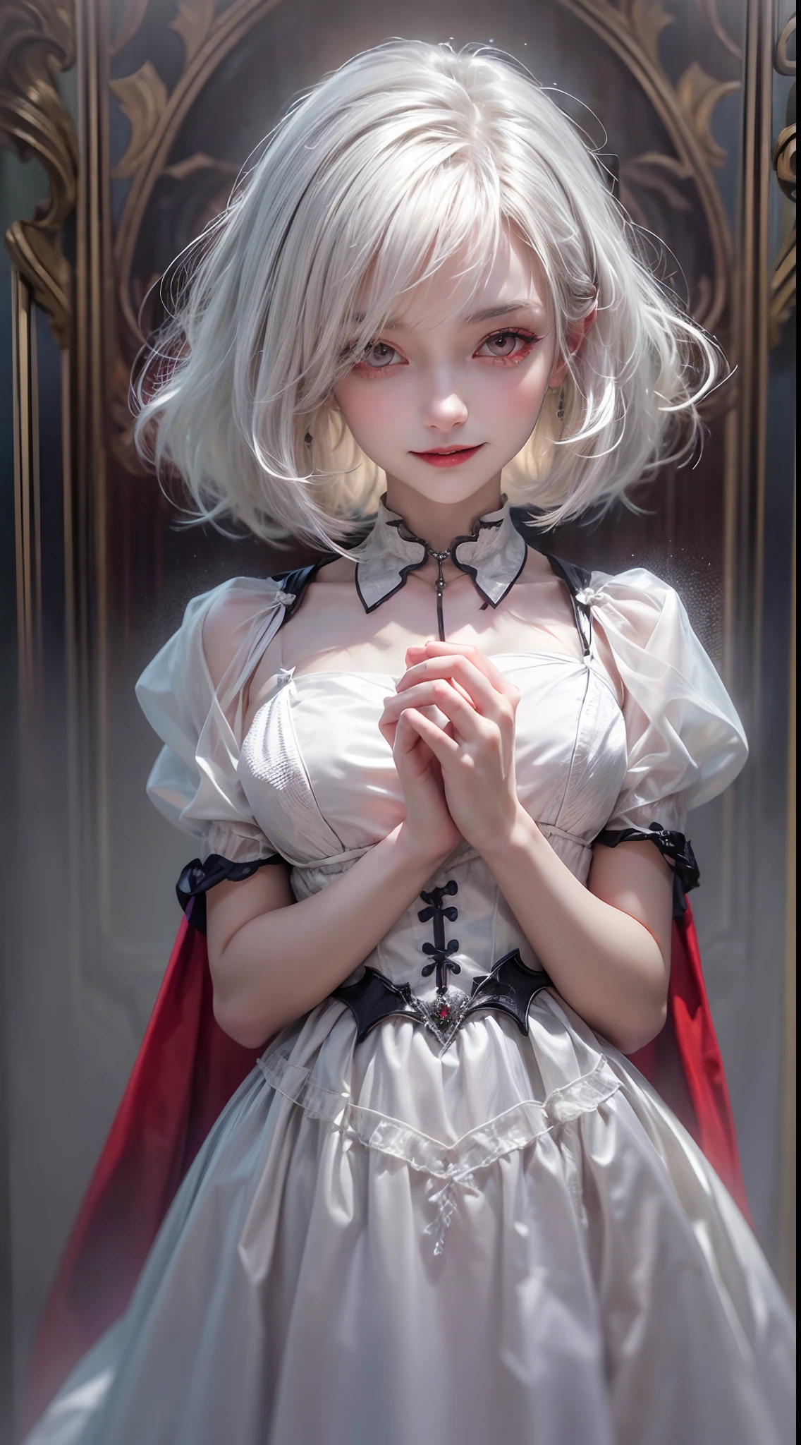 (((Masterpiece, best quality, highres))), (((vampire girl, red eyes, evil smile))), ((pale skin)), ((gothic white dress, bob cut hair, white hair)), hyperrealist portrait of female by david hockney and alphonse mucha, fantasy art, photo realistic, dynamic lighting, artstation, poster, volumetric lighting, very detailed faces, perfect face, 4 k, award winning, 1girl, in the dark, deep shadow, low key, cowboy shot)).