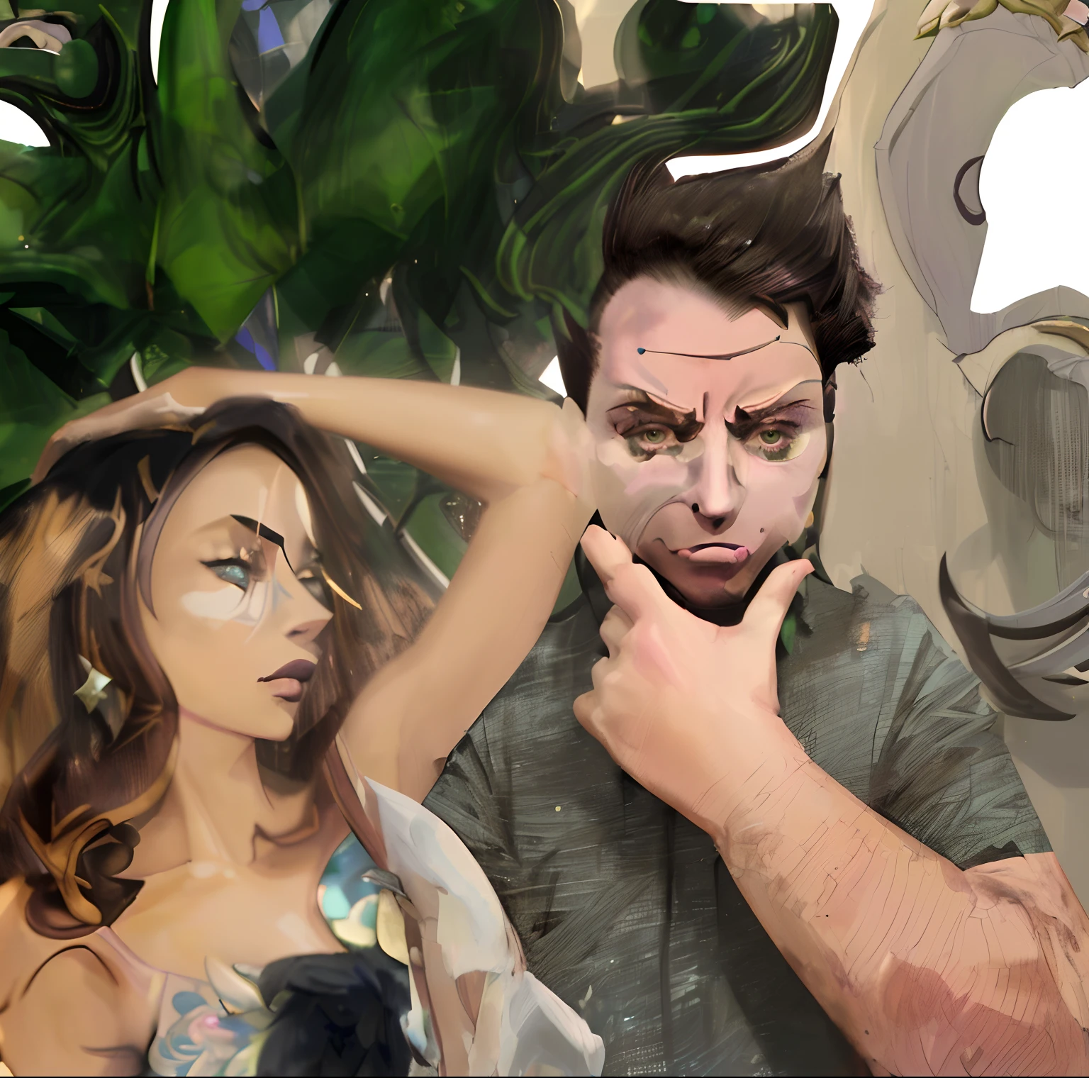 two person portrait based off one piece the anime ((1girl)))((1man)),((Tonificado)), Foco masculino, obra-prima, alta qualidade, (obra-prima:1.2), (melhor qualidade:1.2), pele brilhante, realista, ornamentada, intrincado, ((cabelos pretos)), (Cabelos Longos), casaco preto, expression serious, (sombras projetadas sobre o rosto:1.3), elegante_Clothes, Sala de sombra, Serious expression , (parte superior do corpo), pintura tinta tradicional chinesa, (sexy)