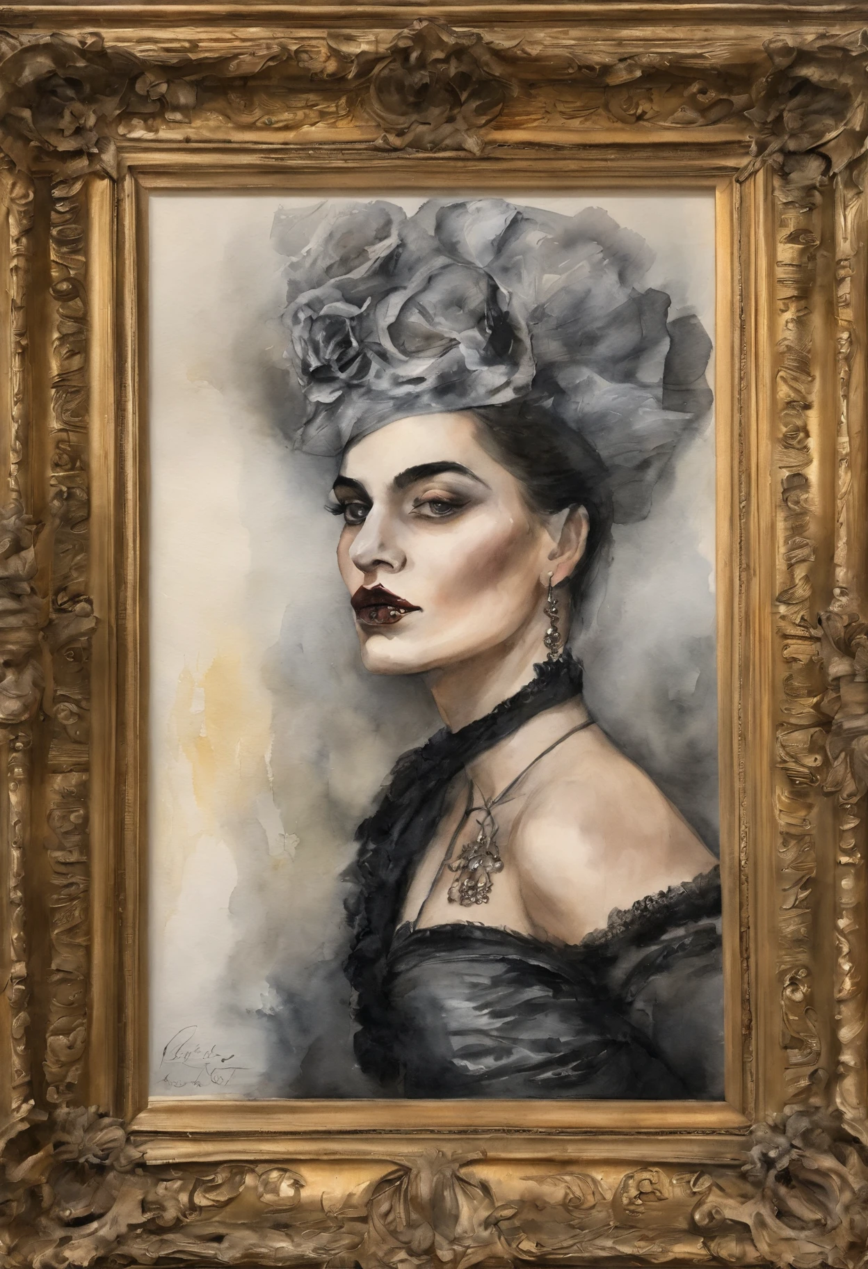 a Late Baroque, rococo regel 2d waterpaint oil painting  fearful intimadating savage traditional fullbody  queen female shaved skinpunk goth, emo goth spikey fashion shoot editorial style, Hypebeast ultra fast fashion  with goth emo accessories inside a golden picture frame