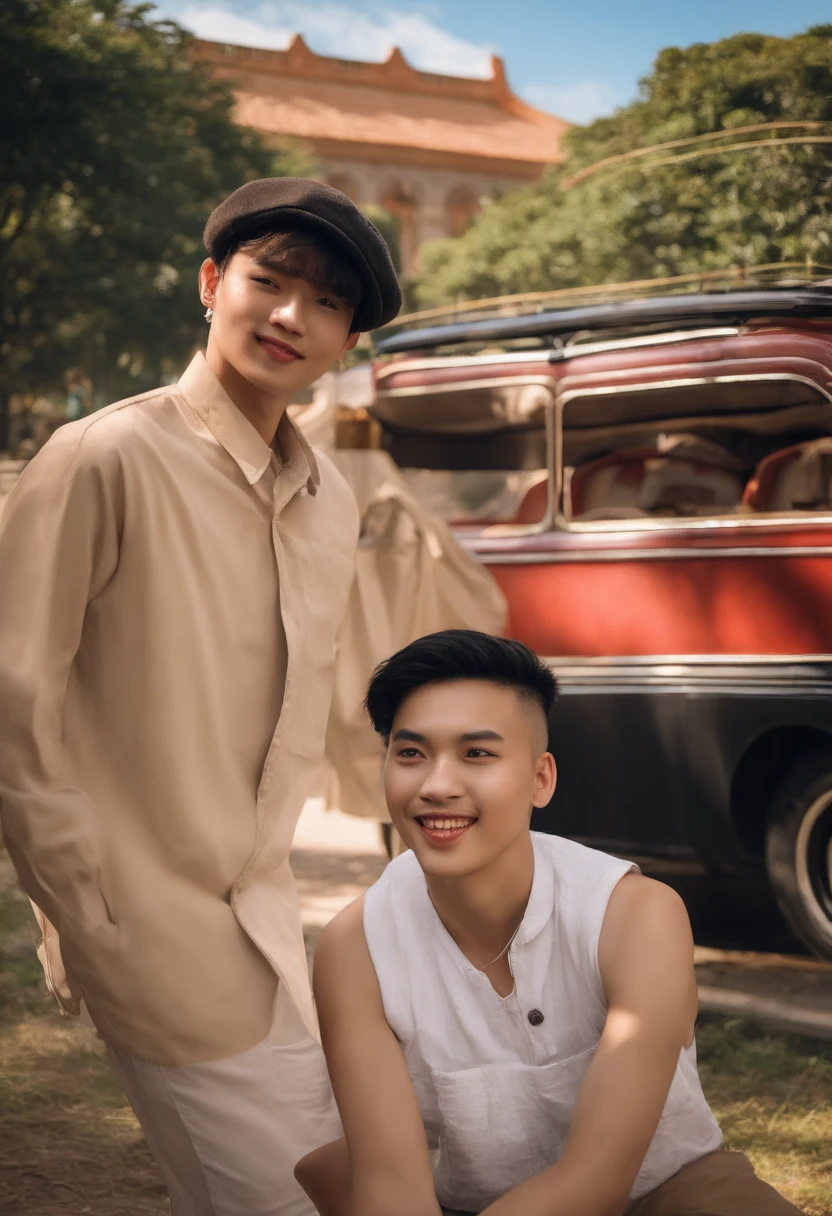 Photo of a 20-year-old korean-brazilian olive-skinned, a few chubby guy with short, salon-cut hair, nose piercing, short mustache and goatee. He manages a shy smile. He wears a brown beret and red overalls, with no shirt. Ibirapuera Park in the background of the photo. Realistic colors, ambient lighting, shot in 2023., ::n_bad anatomy, mutation, mutilation, deformity, poorly drawn, extra arms, extra legs, missing arms, missing legs, mutated hands, mutated feet, fused fingers, extra fingers, long neck, disfigured features, gross proportions, asymmetrical, blurry, ugly, extra eye, missing eye, deformed skull, malformed limbs, mutated mouth, missing teeth, extra teeth, malformed teeth, gross, disgusting, deformed spine, distorted bones, missing bones, out of frame, low resolution, low quality, normal quality, jpeg artifacts, signature, watermark, username, text, error, missing components, extra components, cropped, worst quality, low-res, bad proportions