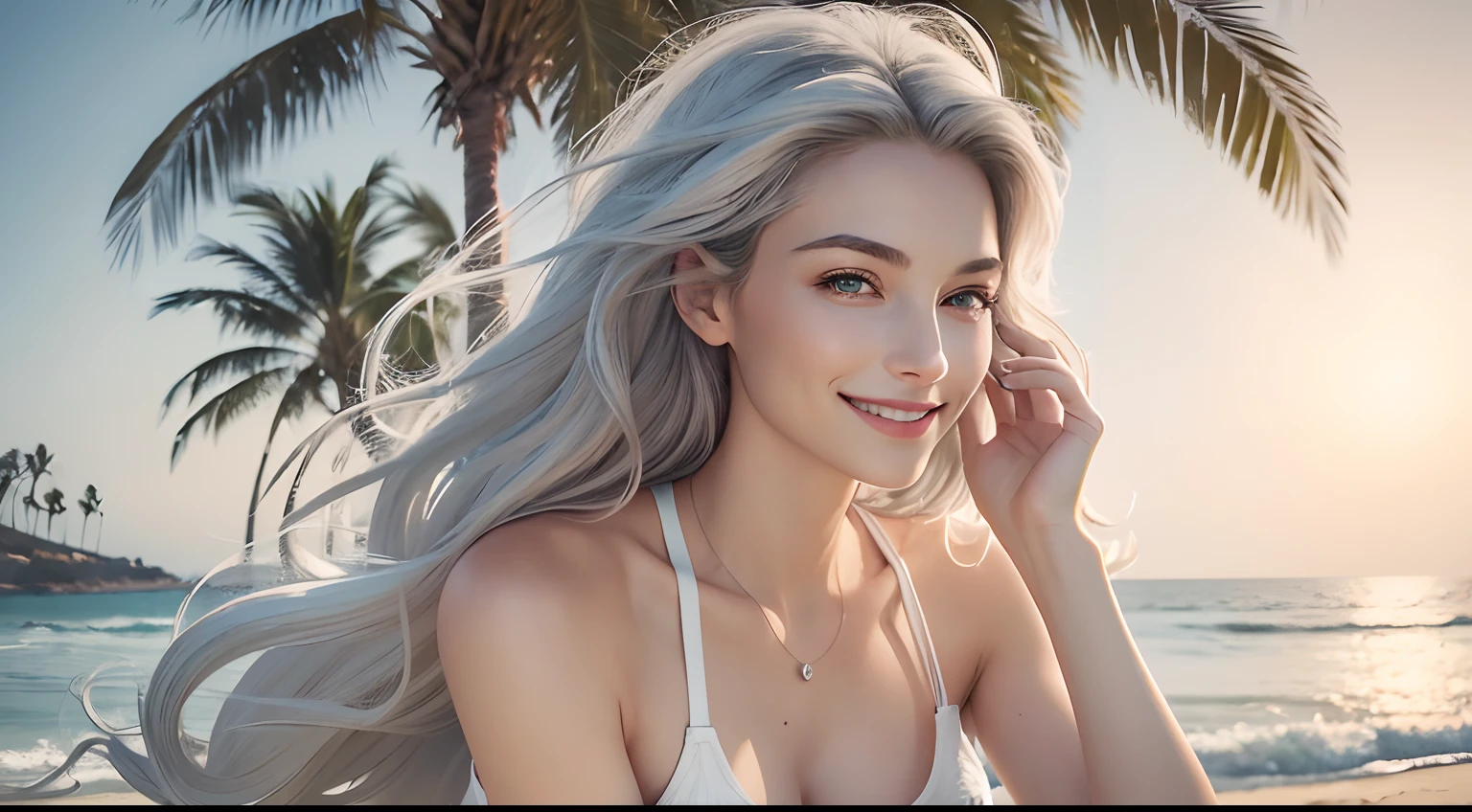 (Masterpiece, Best Quality, Photorealistic, high resolucion, photography, :1.3), (Woman in her 40s, )Close-up shots of faces, Close-up shots of faces, Close-up shots of faces, Sharp focus, (1 Girl, A European girl, Popular models), Realistic skin, Slender body type, Big breasts, (Her long, Pure white silver hair swept to the side, extremely detailed hair), Delicate sexy face, Organoleptic gases, Sparkling lips,(green pupil),(green pupil),(green pupil), ((realisitic, A hyper-realistic, realism, realistic detailed)), (Medium Tits:1.5), (White tank top T-shirt and ripped jean shorts), (A slender waist), (slim thigh), (Small hips), (Sorrisos), (seaside, waves, palm tree) (seaside, waves, palm tree), (Long straight hair), A woman is standing, (Sorrisos), (Sorrisos)