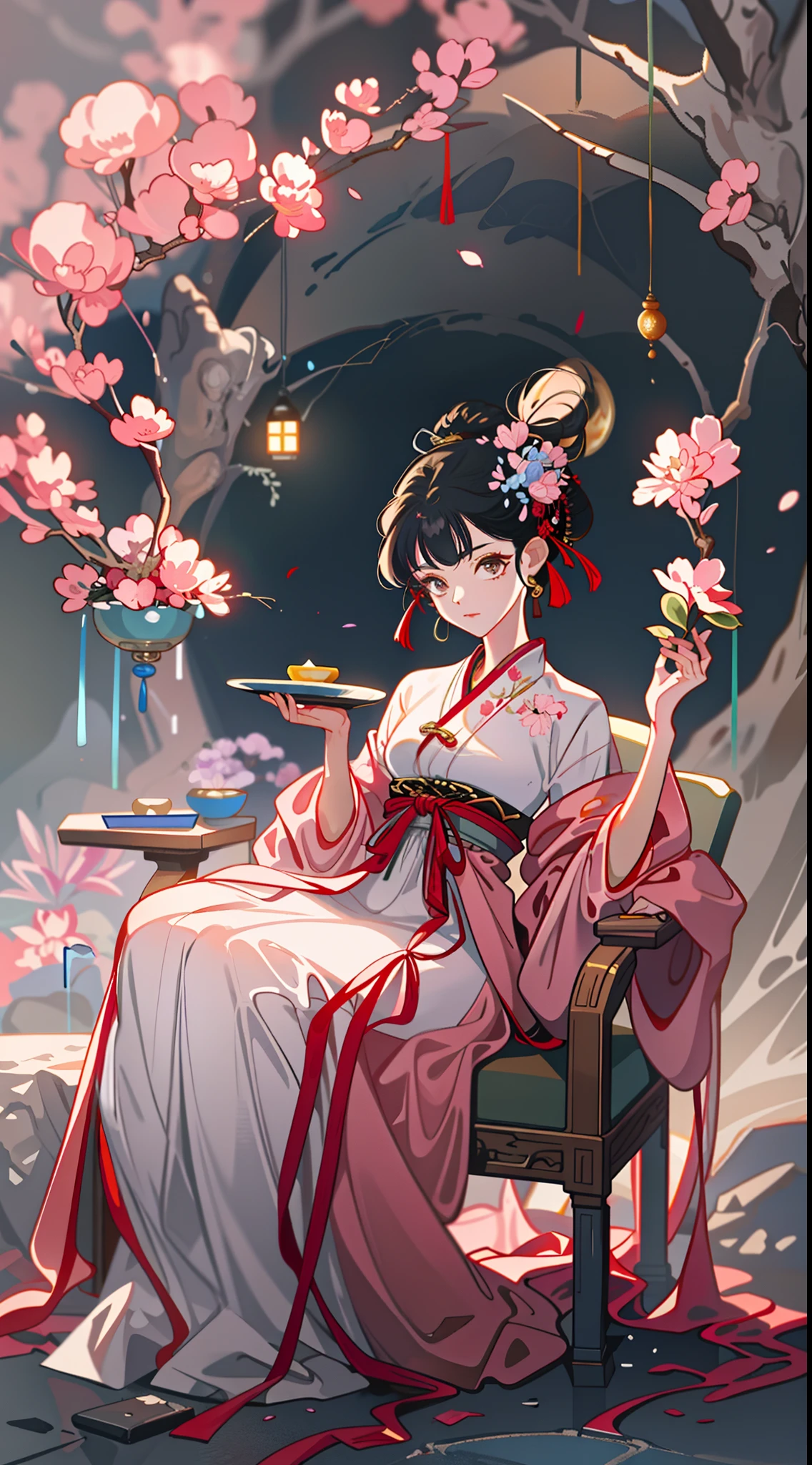 Ancient Chinese beauties sit on stones，美丽细致的眼睛，wearing ancient Chinese costume，Flowing tulle，Light silk，Pavilions，Ink painting style，clean color，Decisive cut，Leave white space，impressionistic，tmasterpiece，ultra-detailliert，Epic composition, high qulity, HighestQuali, 4K