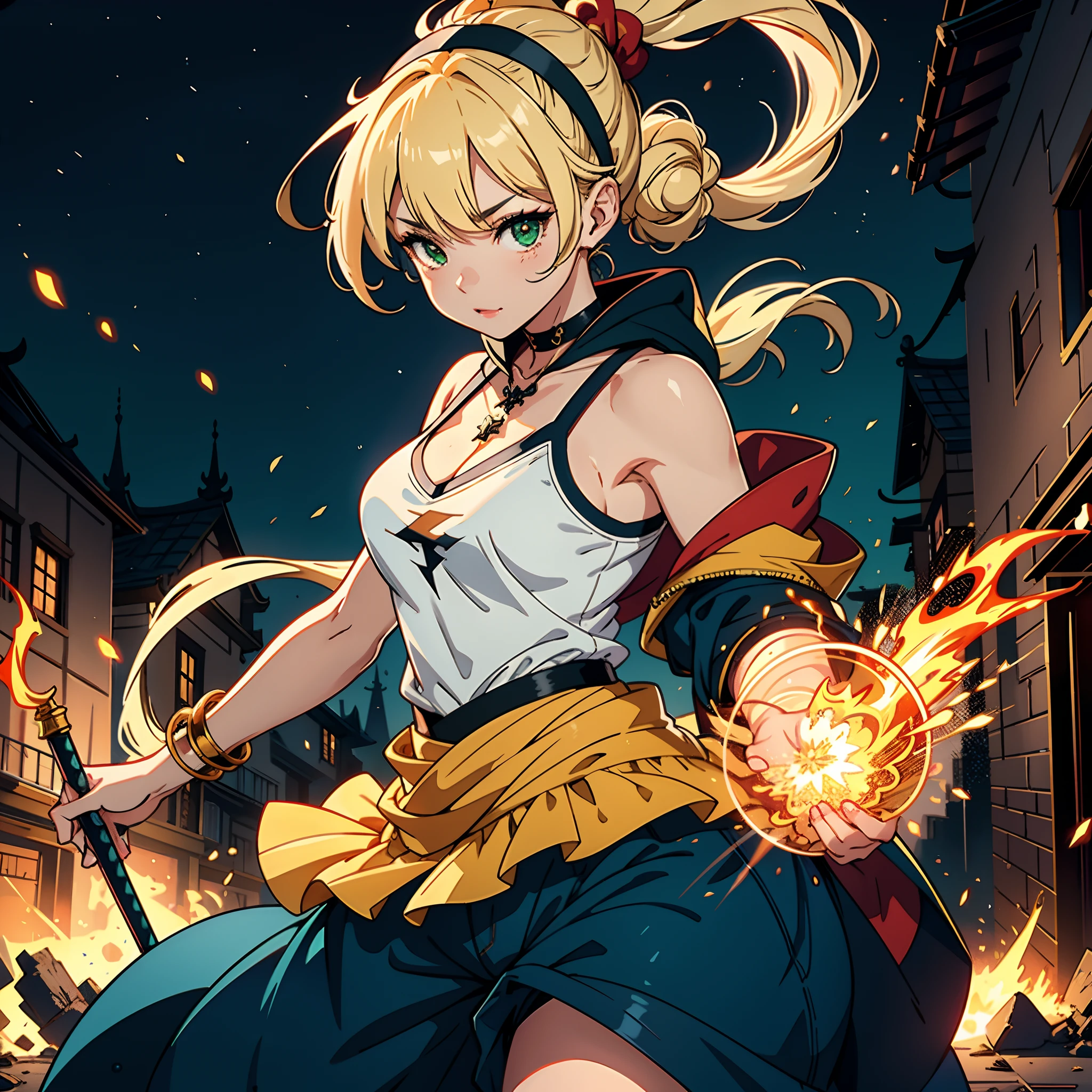 (top-quality、hight resolution、8k、​masterpiece:1.2)。Curvaceous but slender、Muchimuchi Body、Grinning Female Wizard、Vandalizing buildings in a battered ancient city。Women wield magical powers。With magic emitted from the right hand、Buildings and roads、Bolides、Next Bridge々and have collapsed、Scattered with burning debris。Rubble and pebbles float up、A yellow aura covers her entire body。Although its power is overwhelming、At the same time it is in harmony with beauty。Draw the moment she is destroying the building with magic。Half-taken off hoodie、accessorized、mole、Eyebrows、poneyTail、Muscular nose、Clear detailed green eyes、Red-haired、short-haired、a choker、Fleshy lips、Physical beauty、well-muscled、Raise bangs in a headband、Oforehead、Mysterious fashion、Street Fashion、Anime style、animesque、The scene of the great fire、Oversized trousers、unreal、Depiction in motion、White the、Fashion in white tones、Vandalism、insurrection、karo、Decaying buildings、the fire、Fire incident、tornado、Hair covers one eye、Must-win poses、Backgrounds with depth、Wearing a sword、Flame Magic、Wizard Equipment、Light equipment、a necklace、Bracelets、Misanga、espadrilles、thunder、lightning bolt、colorful backdrop、Thunder in the hand、