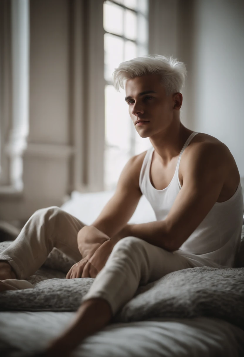 20-year-old male with white hair, two block haircut , dressed in a plain white tank top, lying on a bed, pensive expression