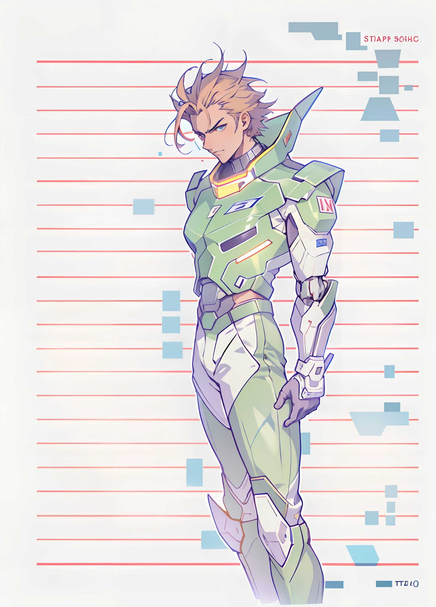 A man with short red-gold hair, hair slicked back, thick and disheveled hair, a cold and ruthless gaze, a confident expression, wears a two-piece futuristic military-style uniform, primarily in shades of white and red, accented by touches of yellow, streamlined wristguard gloves, matching trousers, he is in a futuristic sci-fi hangar with a huge mech, stands within a futuristic sci-fi hangar, where a colossal mech is stationed, this character embodies a finely crafted futuristic military officer in anime style, characterized by an exquisite and mature manga illustration art style, high definition, best quality, highres, ultra-detailed, ultra-fine painting, extremely delicate, professional, anatomically correct, symmetrical face, extremely detailed eyes and face, high quality eyes, creativity, RAW photo, UHD, 8k, Natural light, cinematic lighting, masterpiece:1.5