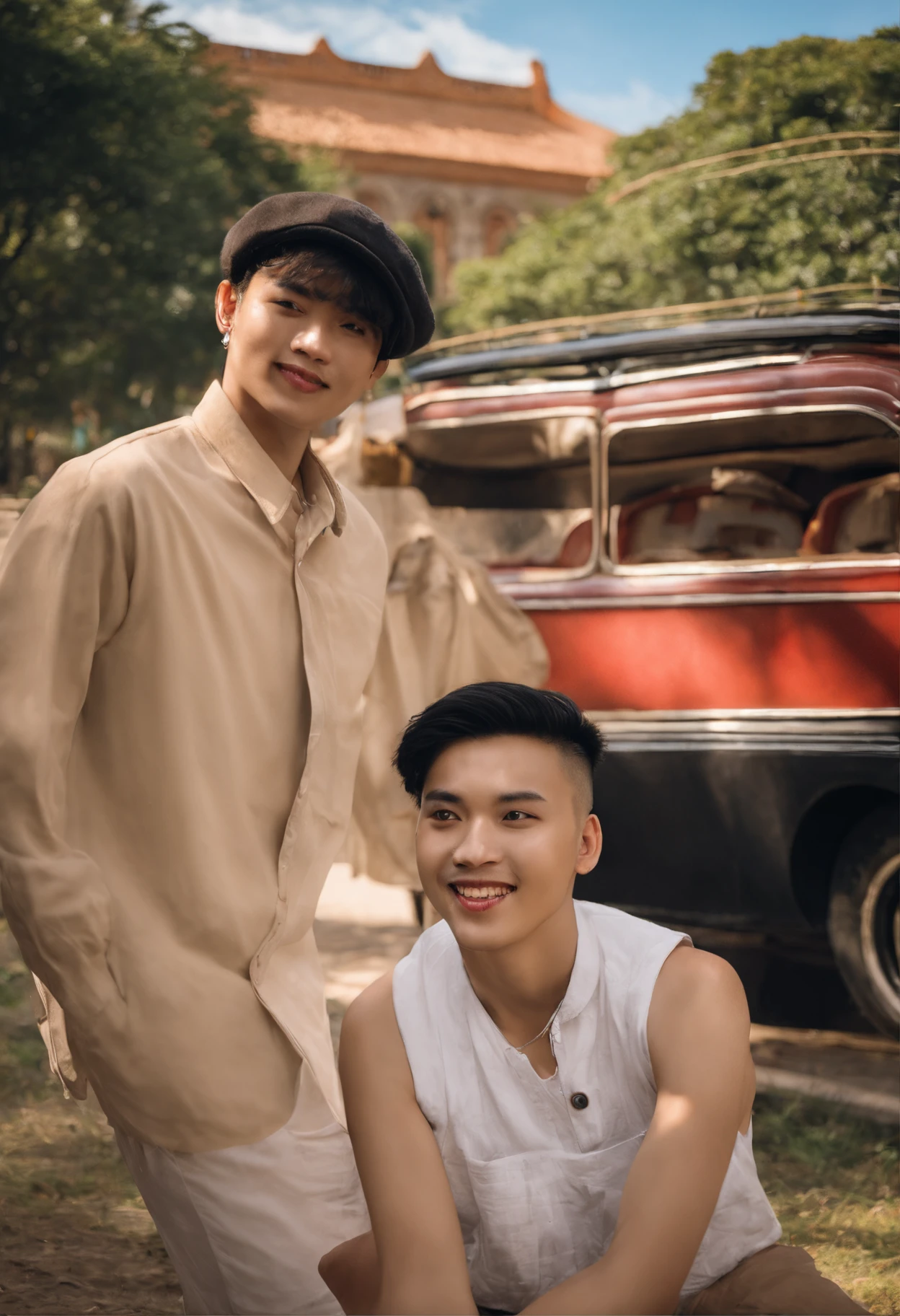Photo of a 20-year-old korean-brazilian olive-skinned, a few chubby guy with short, salon-cut hair, nose piercing, short mustache and goatee. He manages a shy smile. He wears a brown beret and red overalls, with no shirt. Ibirapuera Park in the background of the photo. Realistic colors, ambient lighting, shot in 2023., ::n_bad anatomy, mutation, mutilation, deformity, poorly drawn, extra arms, extra legs, missing arms, missing legs, mutated hands, mutated feet, fused fingers, extra fingers, long neck, disfigured features, gross proportions, asymmetrical, blurry, ugly, extra eye, missing eye, deformed skull, malformed limbs, mutated mouth, missing teeth, extra teeth, malformed teeth, gross, disgusting, deformed spine, distorted bones, missing bones, out of frame, low resolution, low quality, normal quality, jpeg artifacts, signature, watermark, username, text, error, missing components, extra components, cropped, worst quality, low-res, bad proportions