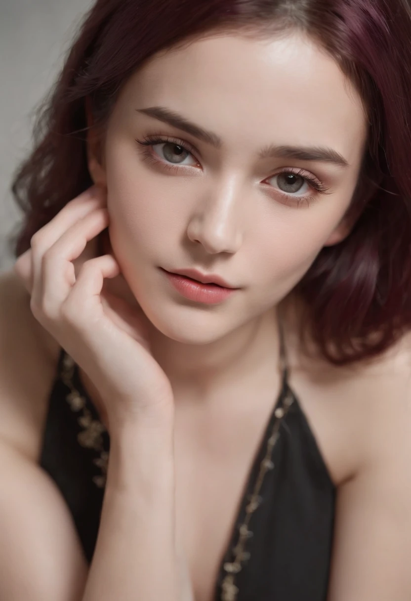 RAW photograph, 1girl, 21 years old, english woman, dark pink hair, silver choker necklace, delicate silver watch, plunging neckline skin tight dress, (realistic:1.3), finely detailed, quality, (masterpiece:1.2), (photorealistic:1.2), (best quality), (detailed skin:1.3), (intricate details), dramatic, ray tracing, photograph, 1920's stateroom, Bathed in shadows, Visual novel, Hopeful, Moonlight, film grain, Kodak gold 200, Depth of field 110mm, Flickr, erotic pose, small breasts, perfect facial features, shy