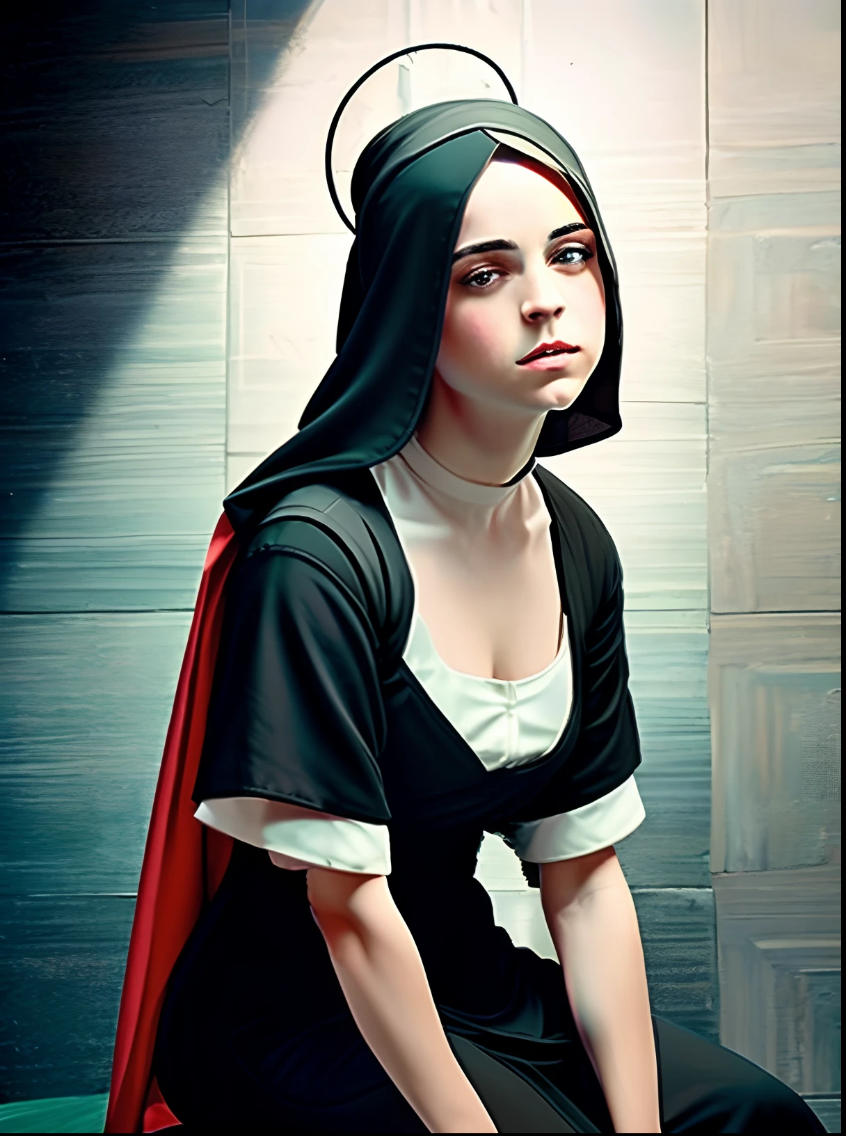 A woman in a nun's robe sitting on a stool, Modelo de moda Well, Modelo de moda de monja mirando hacia arriba, Karol Bak de Emma Watson Nun, inspirado por Mathieu Le Nain, Al estilo de Caravaggio, Bien Outfit, Majestuosa Santa Mujer, inspirado en Caravaggio, Billie Eilish como Monja, Hecho al estilo de Caravaggio, Ahora