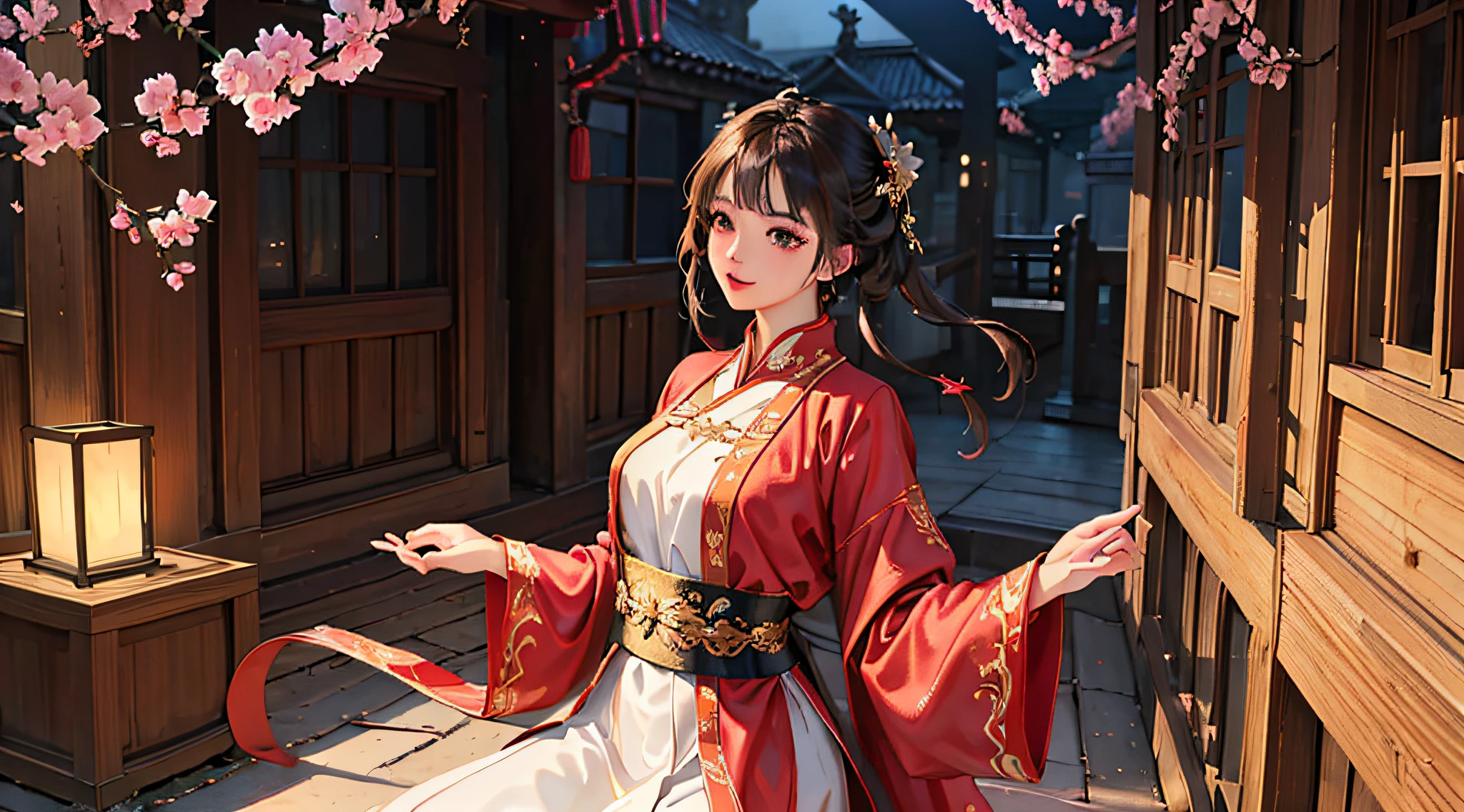 A girl celebrating Ye's first prize in the National College Calligraphy Competition, beautiful detailed eyes, beautiful detailed lips, extremely detailed eyes and face, long eyelashes, realistic painting techniques, vibrant colors, studio lighting, ultra-detailed depiction of calligraphy strokes, the best quality (4k, highres, photorealistic:1.37), vivid red and gold tones, joyful and proud expression, traditional Chinese ink and brush work, an elegant dress, a scenic background with cherry blossoms and traditional Chinese architecture, congratulations banner in the background.