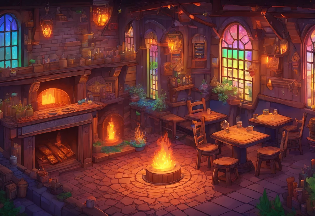 fantasy tavern interior, space tavern, rustic, artifacts on the walls, showcase artifacts, tavern patrons, dark tavern, space outside windows, space theme, ((silvery space flora, space flora)), space background, night time outside, (((((rainbow fire)))))