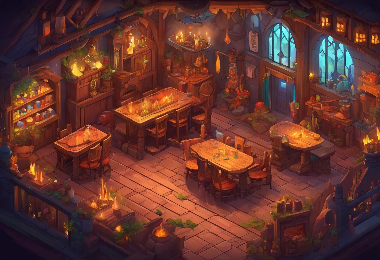 fantasy tavern interior, space tavern, rustic, artifacts on the walls, showcase artifacts, tavern patrons, dark tavern, space outside windows, space theme, ((silvery space flora, space flora)), space background, night time outside, (((((rainbow fire)))))