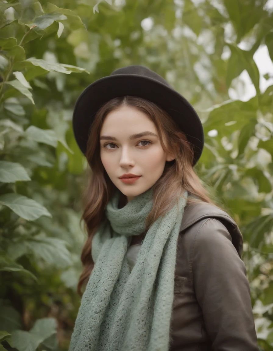 Chick in a hat with a scarf with plants, In the style of dream portraits., hazel, Candid Photography Style, Honeycore, fray, floral, Normcore (Medium close-up)