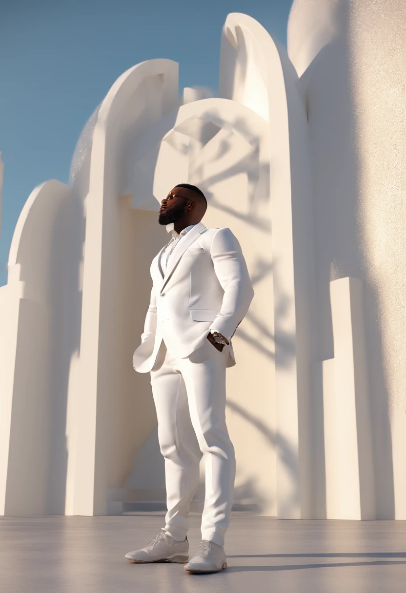 A black man wearing a white suit standing in front of a white chapel. Cinematographic photo portrait