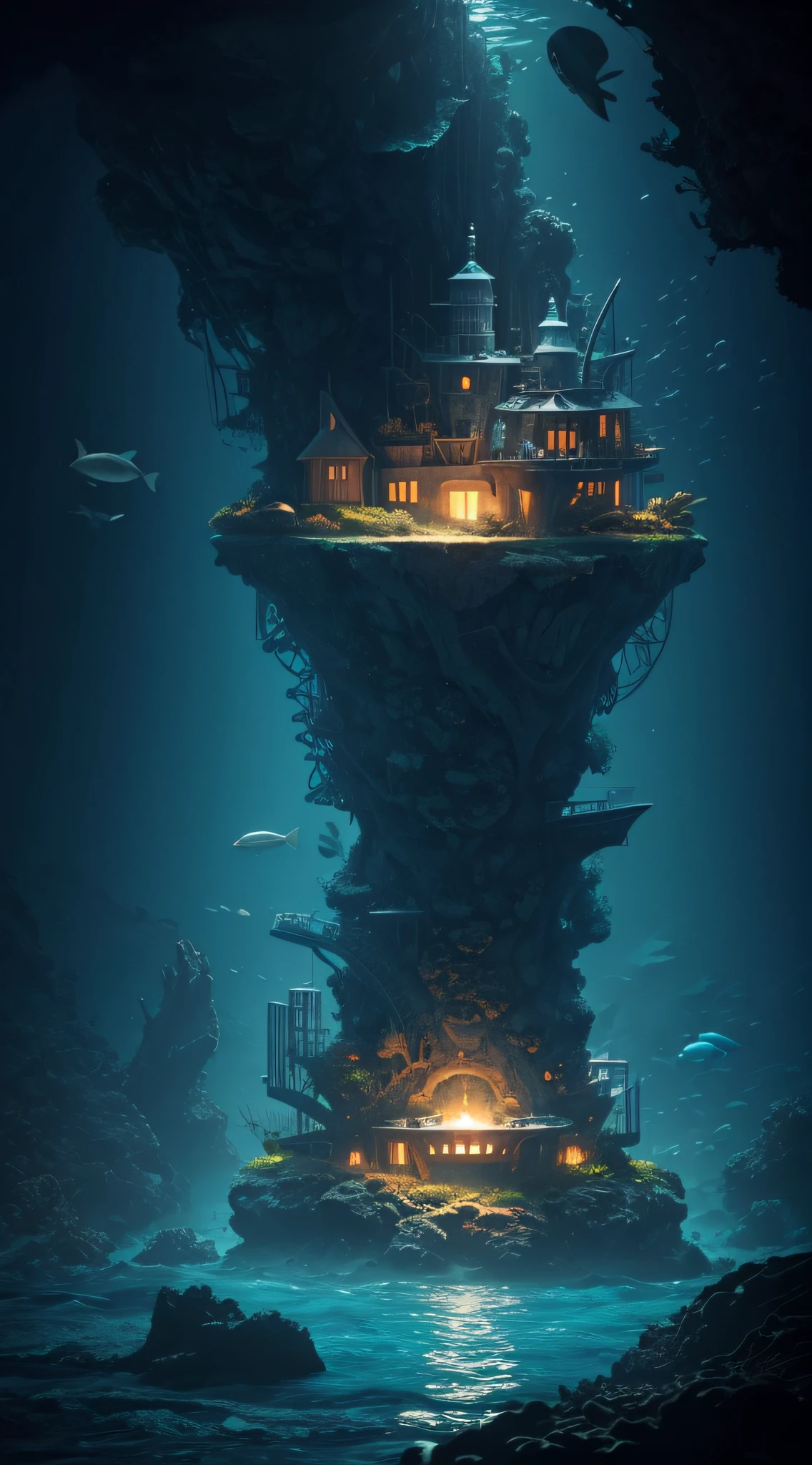 "Create an artwork depicting an underwater secret base nestled deep in the ocean, surrounded by marine life and hidden from prying eyes."