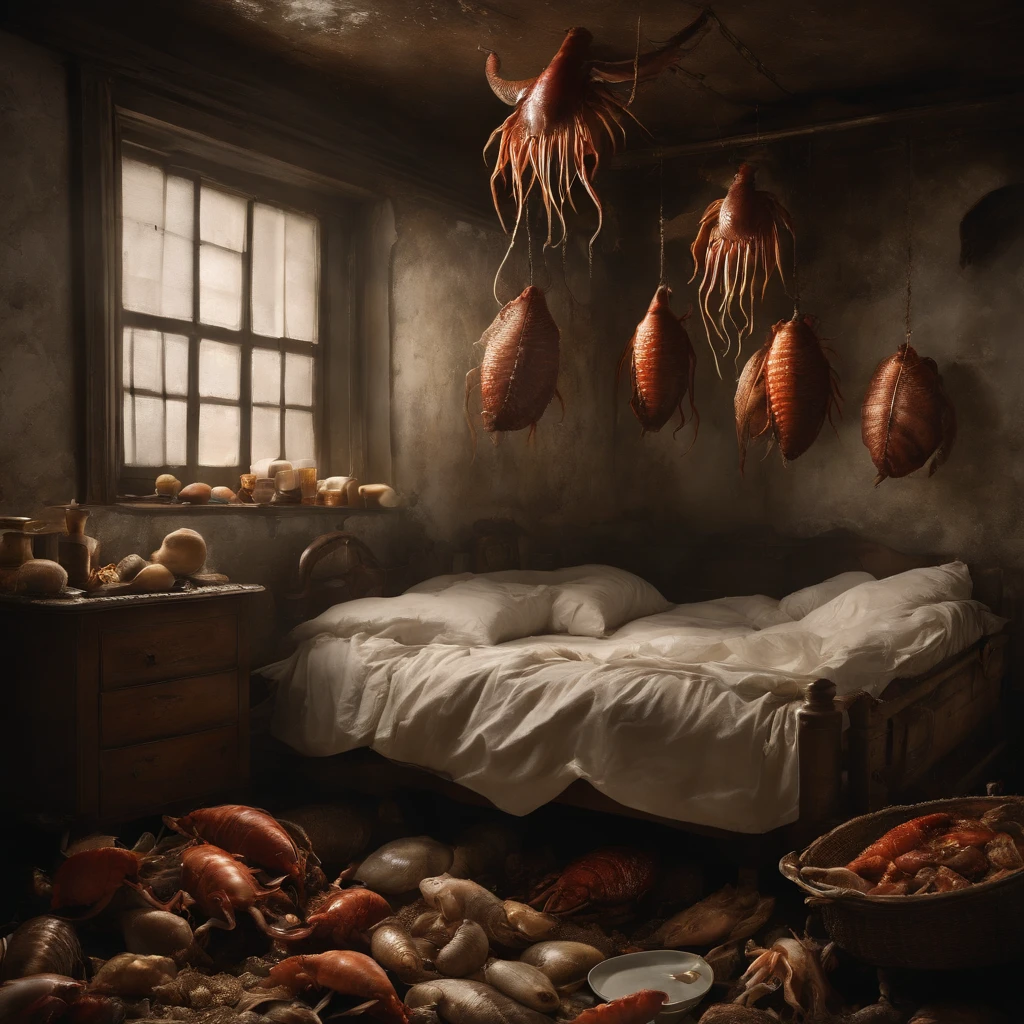 A hyper-realistic、Woman's bedroom at night with a large bed with closed dirty curtains due to a large amount of rotting internal organs, Rotten seafood, Manure and vomit scattered in contaminated, white, murky sewage swirl and flow on the charred floor of a crashed airliner、The only survivor, a fat girl, 14 years old white blonde girl、Contorting the face into a stench、Spit out a large amount of undigested food and internal organs with a look of anguish on its face