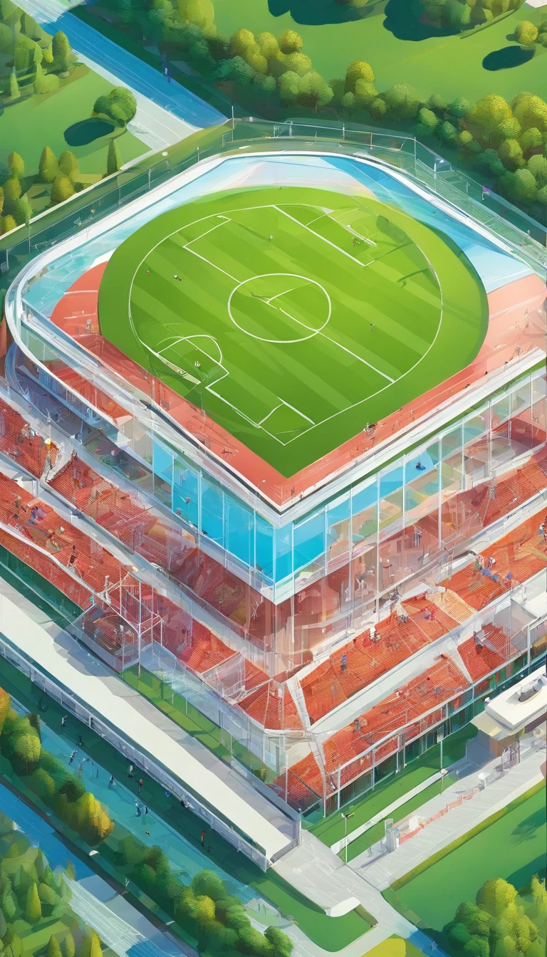 Glass round medal。 Acrylic material。Place vertically on the grass in the middle of the stadium on the runway。Athletics field。Sense of space