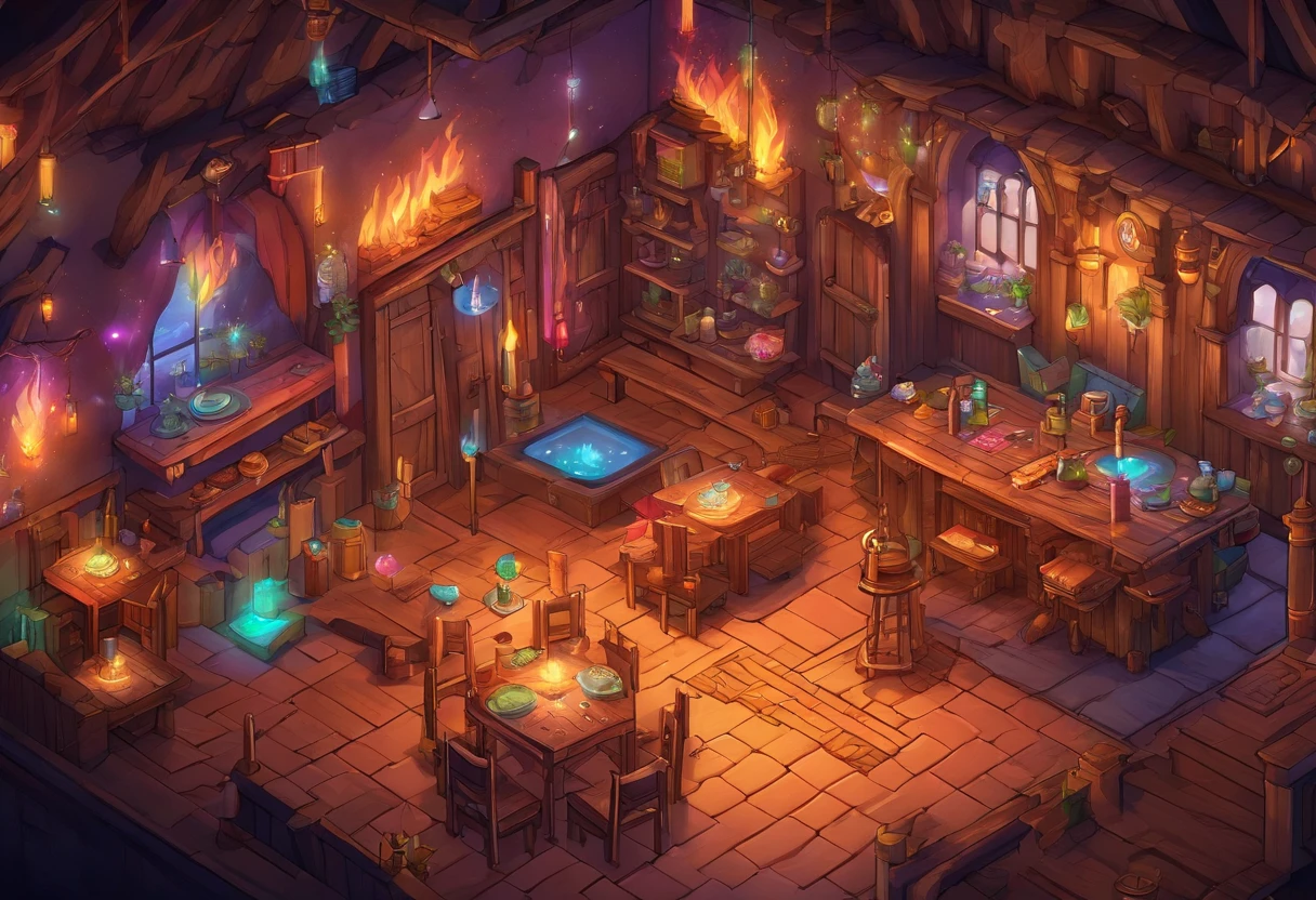 fantasy tavern interior, space tavern, rustic, artifacts on the walls, showcase artifacts, tavern patrons, dark tavern, space outside windows, space theme, ((silvery space flora, space flora)), space background, stars outside, (((((rainbow fire)))))