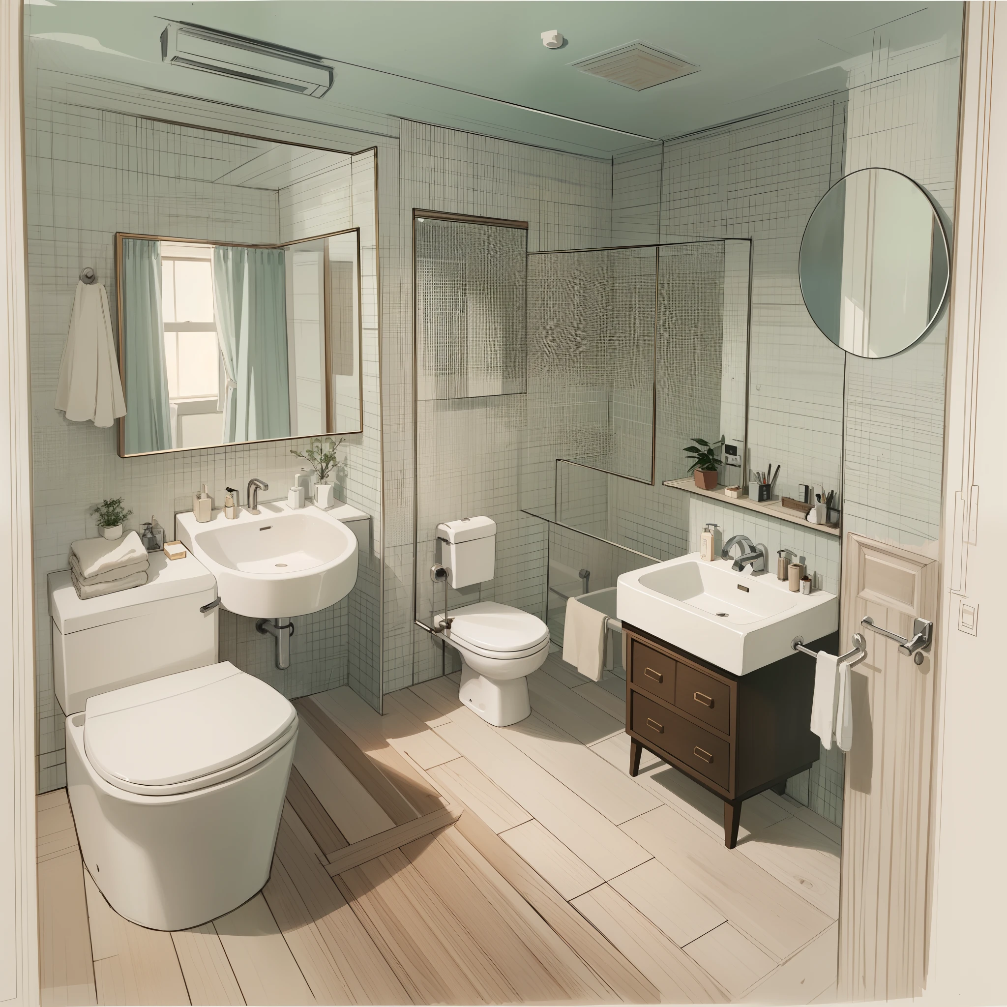a drawing of a room with a bed, a dresser, a sink and a toilet, by Hiroshi Honda, colorful architectural drawing, by Hirosada II, by Hideyuki Kikuchi, architectural illustration, interior design details, visual development, by Yasutomo Oka, interior design architecture, concept art h 8 0 0, by Maeda Seison,