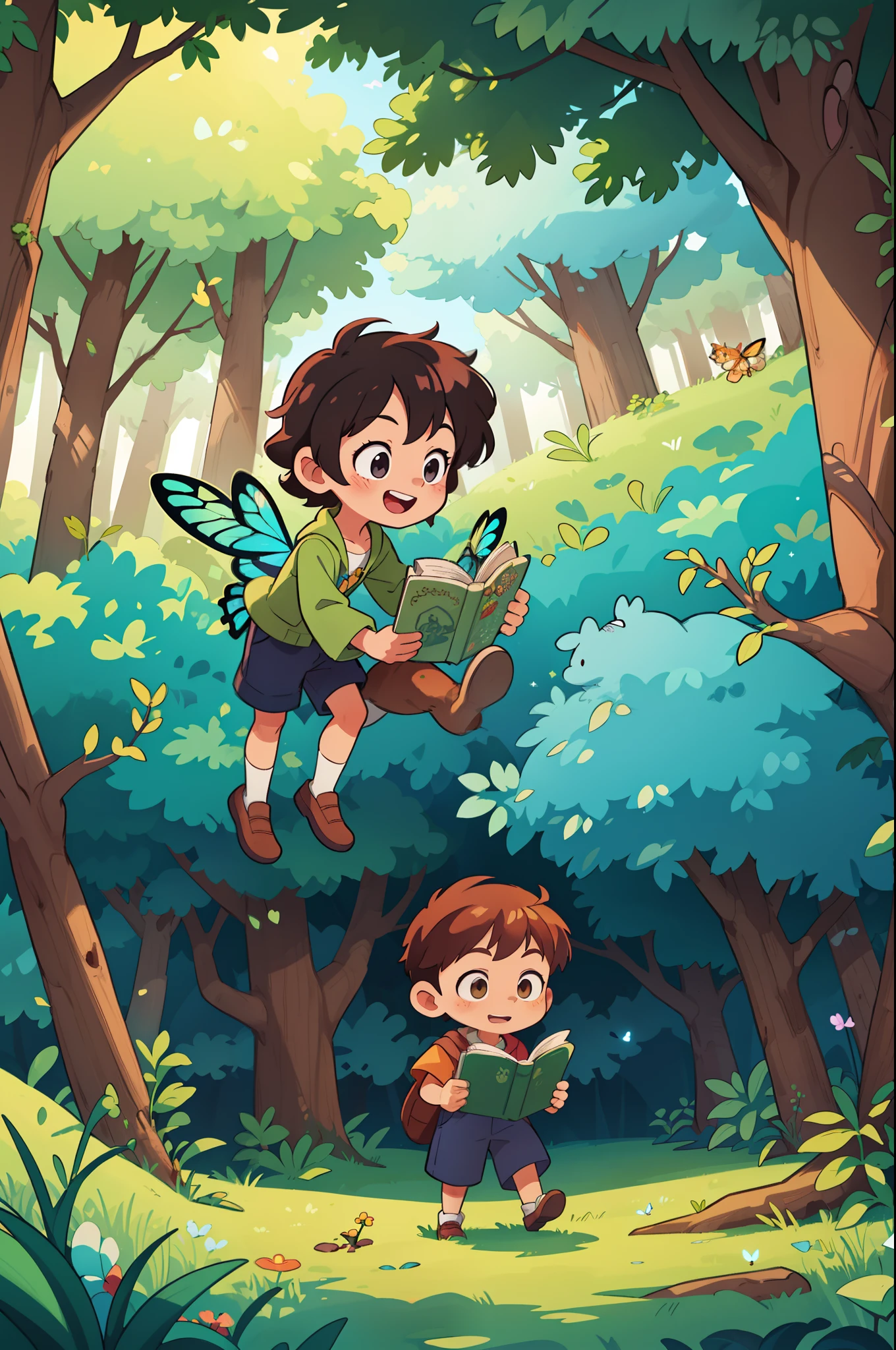 An enchanting illustration for a children's storybook capturing Leo ((A 10 year old boy)) captivating encounter with the enchanted forest. Leo, a young and curious character, stands at the forest's edge, peering into its depths with wide-eyed wonder. The forest is a whimsical realm, filled with towering trees adorned with colorful leaves and delicate flowers. Sunlight filters through the dense foliage, creating a magical glow that illuminates the scene. Friendly creatures, such as mischievous woodland fairies, playful squirrels, and gentle deer, subtly blend into the forest, inviting Leo and the young readers into their hidden world. The illustration bursts with vibrant colors, evoking a sense of joy and imagination. Every detail, from the intricate patterns on the trees to the fluttering butterfly wings, brings the magical atmosphere to life. This delightful artwork, inspired by the enchanting illustrations of Hayao Miyazaki and Pixar's whimsical style, will transport young readers to a world of imagination and adventure.