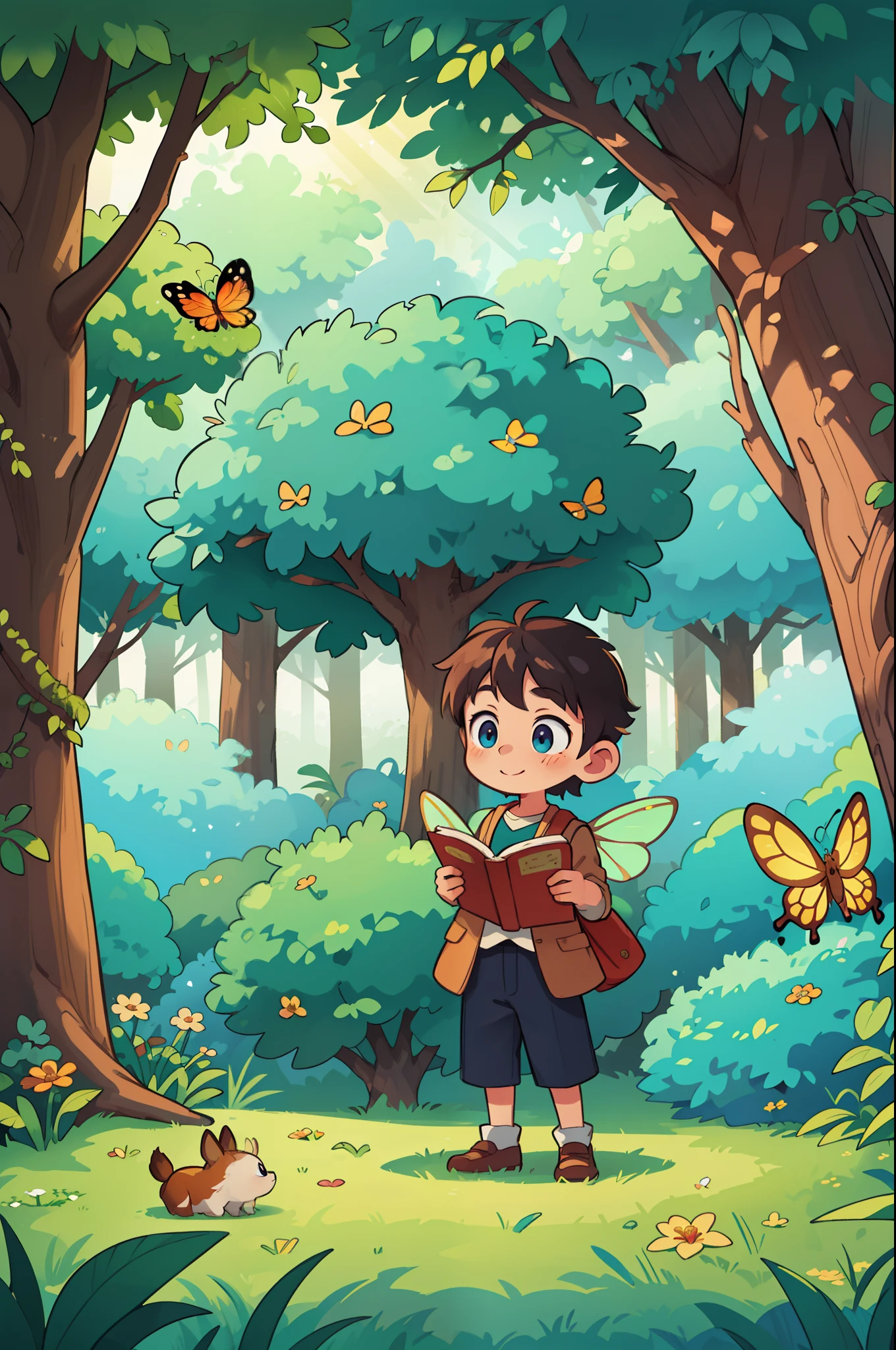 An enchanting illustration for a children's storybook capturing Leo ((A 10 year old boy)) captivating encounter with the enchanted forest. Leo, a young and curious character, stands at the forest's edge, peering into its depths with wide-eyed wonder. The forest is a whimsical realm, filled with towering trees adorned with colorful leaves and delicate flowers. Sunlight filters through the dense foliage, creating a magical glow that illuminates the scene. Friendly creatures, such as mischievous woodland fairies, playful squirrels, and gentle deer, subtly blend into the forest, inviting Leo and the young readers into their hidden world. The illustration bursts with vibrant colors, evoking a sense of joy and imagination. Every detail, from the intricate patterns on the trees to the fluttering butterfly wings, brings the magical atmosphere to life. This delightful artwork, inspired by the enchanting illustrations of Hayao Miyazaki and Pixar's whimsical style, will transport young readers to a world of imagination and adventure.
