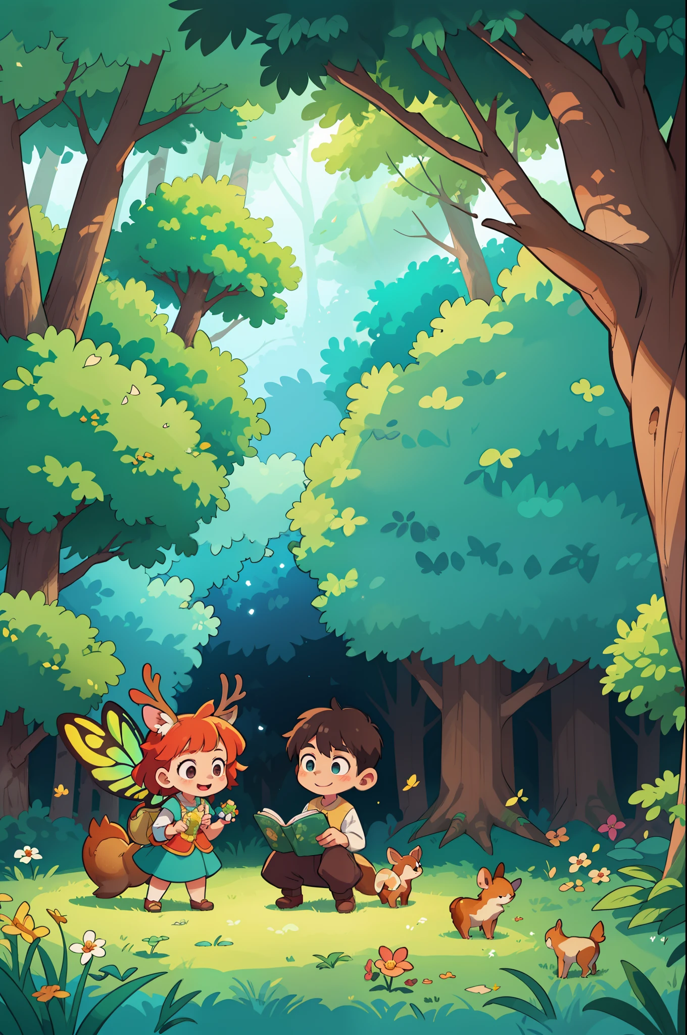 An enchanting illustration for a children's storybook capturing Leo ((A boy)) captivating encounter with the enchanted forest. Leo, a young and curious character, stands at the forest's edge, peering into its depths with wide-eyed wonder. The forest is a whimsical realm, filled with towering trees adorned with colorful leaves and delicate flowers. Sunlight filters through the dense foliage, creating a magical glow that illuminates the scene. Friendly creatures, such as mischievous woodland fairies, playful squirrels, and gentle deer, subtly blend into the forest, inviting Leo and the young readers into their hidden world. The illustration bursts with vibrant colors, evoking a sense of joy and imagination. Every detail, from the intricate patterns on the trees to the fluttering butterfly wings, brings the magical atmosphere to life. This delightful artwork, inspired by the enchanting illustrations of Hayao Miyazaki and Pixar's whimsical style, will transport young readers to a world of imagination and adventure.
