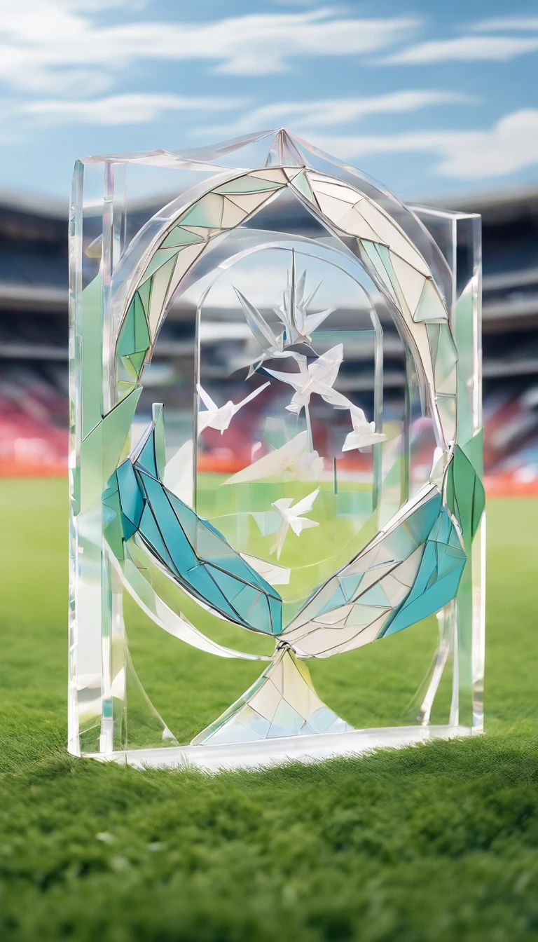 Glass round medal。  Acrylic material。Place vertically on the grass in the middle of the stadium on the runway。Athletics field。Sense of space
