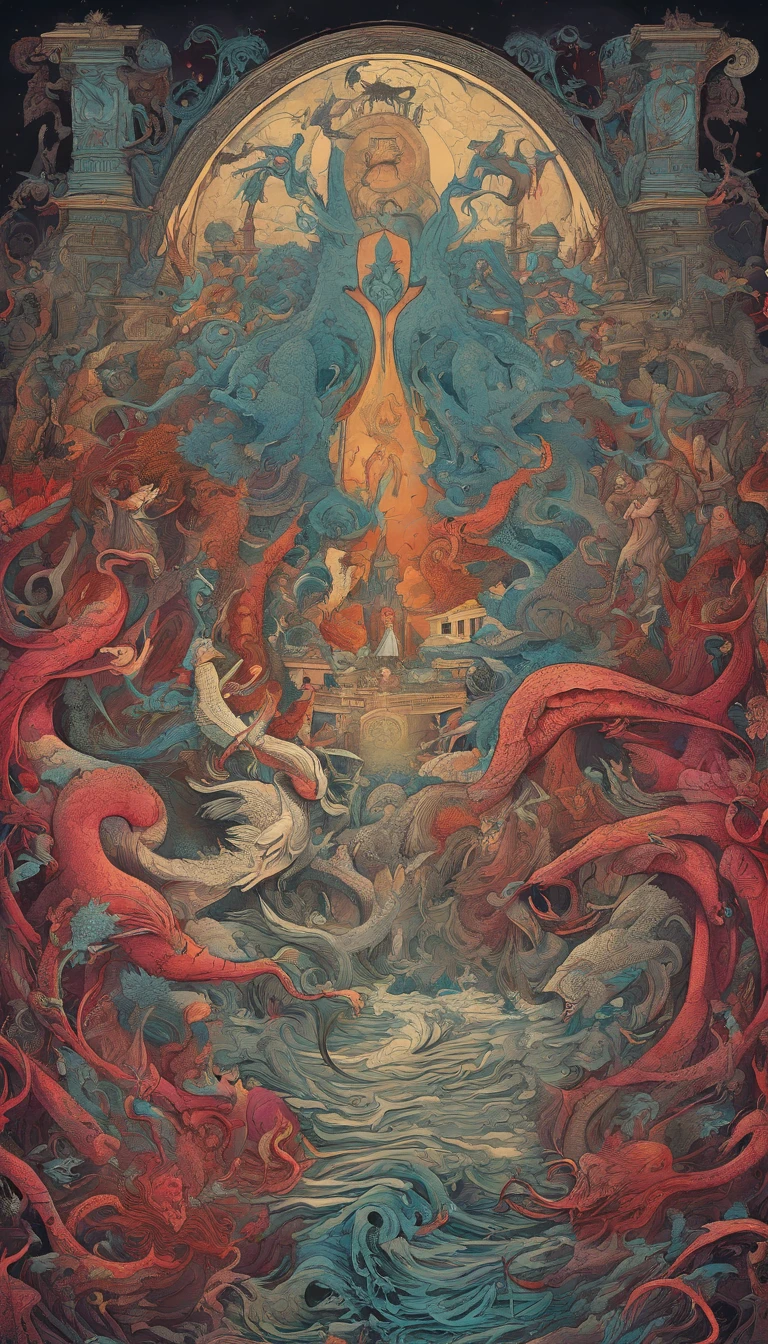 From the depths he emerges, devil, 
The Cthulhu's Parade in crimson hues.
Whispers of the otherworldly echo,
A festival where madness and beauty fuse.

In the night sky adorned with abyssal splendor,
Feathers stained with blood dance and soar.
Entwined by threads of fate,
The deranged revel in ecstasy's roar.

Oh mighty Cthulhu, ruler of the depths,
In our pursuit of desires so forlorn,
We embark on a path of madness and despair,
Guided by the disciples of the one we adorn.

On the grand boulevard, grotesque forms stride,
Where terror and beauty intertwine.
In the realm betwixt dreams and nightmares,
We surrender ourselves to euphoria's shrine.

Praise his name, the great Cthulhu,
Monarch of the abyss, the wellspring of our insanity.
In this eternal procession's stage,
We celebrate the coming of the world's calamity.