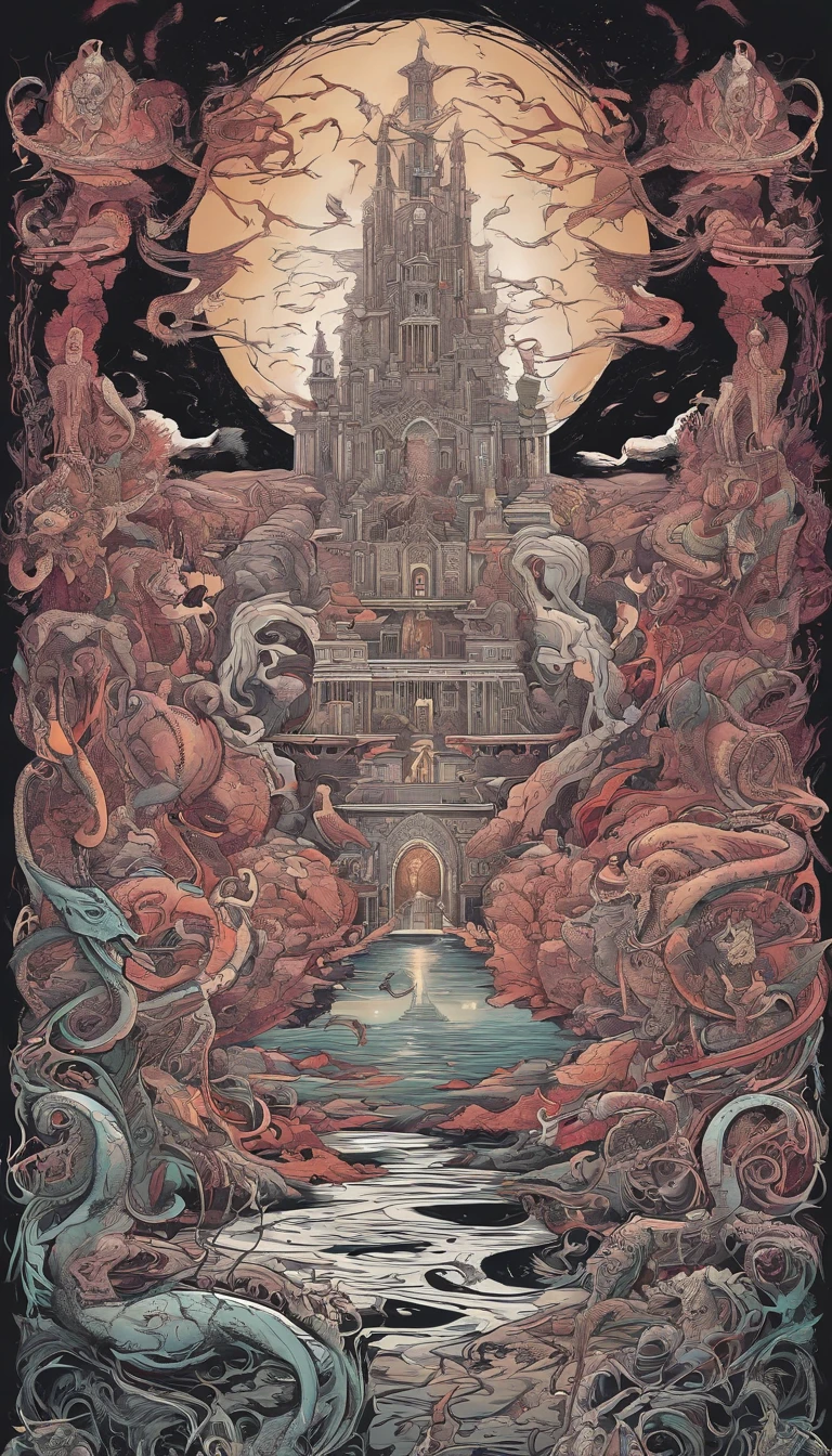 From the depths he emerges,
The Cthulhu's Parade in crimson hues.
Whispers of the otherworldly echo,
A festival where madness and beauty fuse.

In the night sky adorned with abyssal splendor,
Feathers stained with blood dance and soar.
Entwined by threads of fate,
The deranged revel in ecstasy's roar.

Oh mighty Cthulhu, ruler of the depths,
In our pursuit of desires so forlorn,
We embark on a path of madness and despair,
Guided by the disciples of the one we adorn.

On the grand boulevard, grotesque forms stride,
Where terror and beauty intertwine.
In the realm betwixt dreams and nightmares,
We surrender ourselves to euphoria's shrine.

Praise his name, the great Cthulhu,
Monarch of the abyss, the wellspring of our insanity.
In this eternal procession's stage,
We celebrate the coming of the world's calamity.
