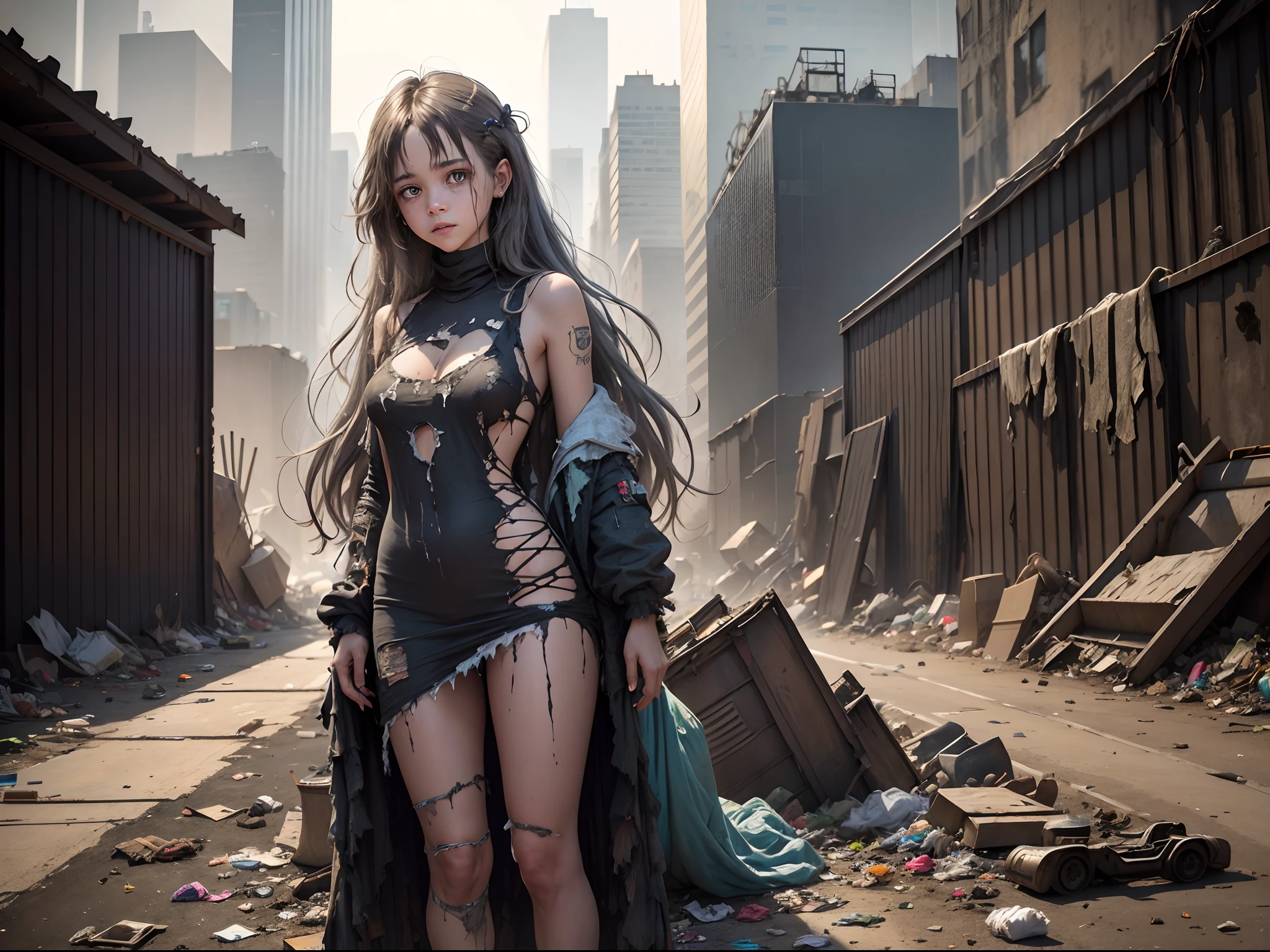 In a large garbage dump, an angel (Full body) is dressed in torn and rotten clothes that seem to blend seamlessly into the surroundings, against the background of New York skyscrapers, Her hair is unkempt and tangled, and her skin is covered with dirt and grime. But her eyes shine with a disturbing intelligence.