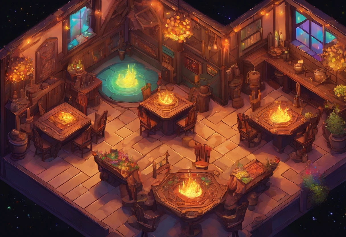 fantasy tavern interior, space tavern, rustic, artifacts on the walls, showcase artifacts, tavern patrons, dark tavern, space outside windows, space theme, ((silvery space flora, space flora)), space background, stars outside, ((dark)), ((dark outside)), (((((rainbow fire)))))