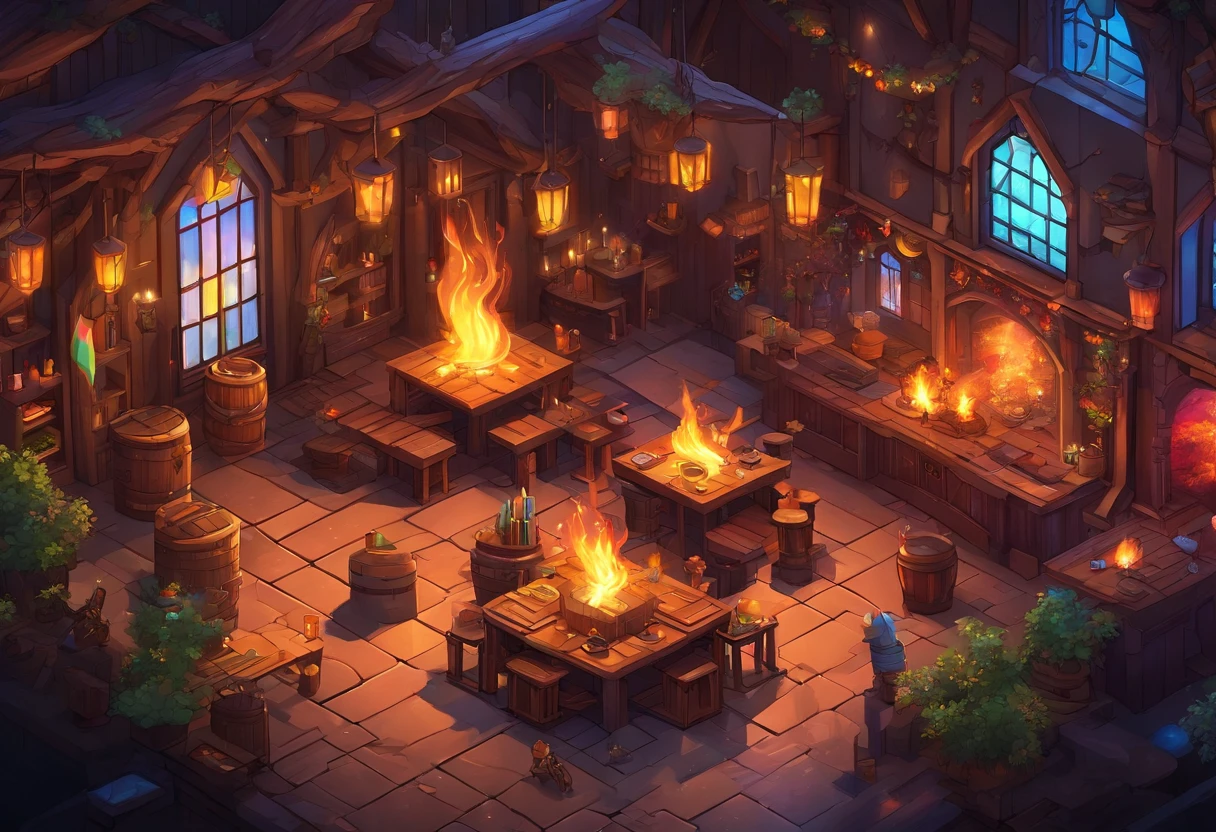 fantasy tavern interior, space tavern, rustic, artifacts on the walls, showcase artifacts, tavern patrons, dark tavern, space outside windows, space theme, ((silvery space flora, space flora)), space background, stars outside, ((dark)), ((dark outside)), (((((rainbow fire)))))