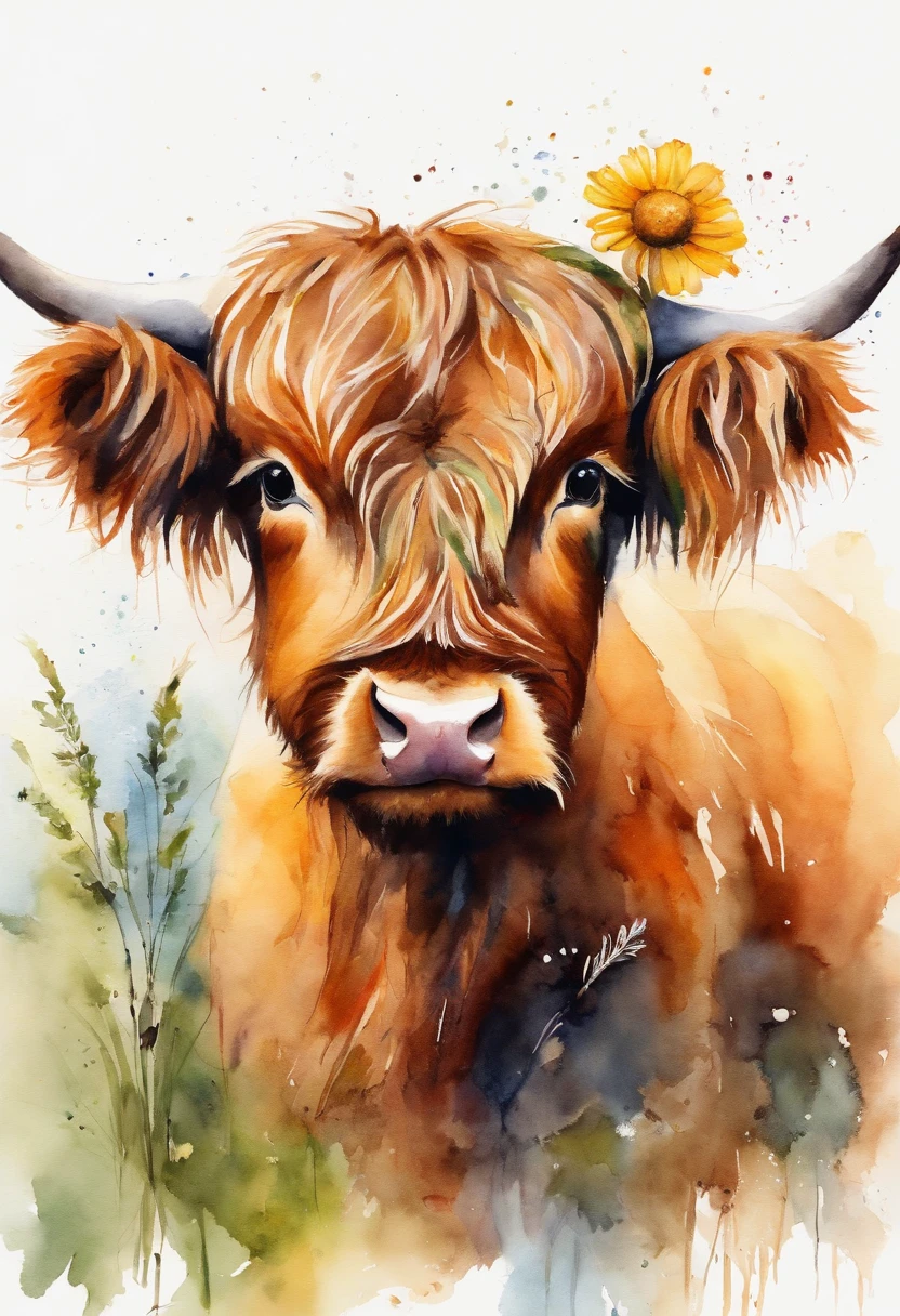 Little Highland cattle cubs,adolable,He wears a daisy flower on his head,up front view,Highland bullhead,Bust,water color art,Colorful,