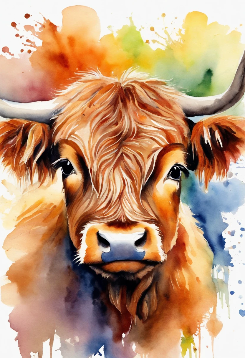 Little Highland cattle cubs，adolable，He wears a daisy flower on his head，up front view，Highland bullhead，Bust，water color art，Colorful，
