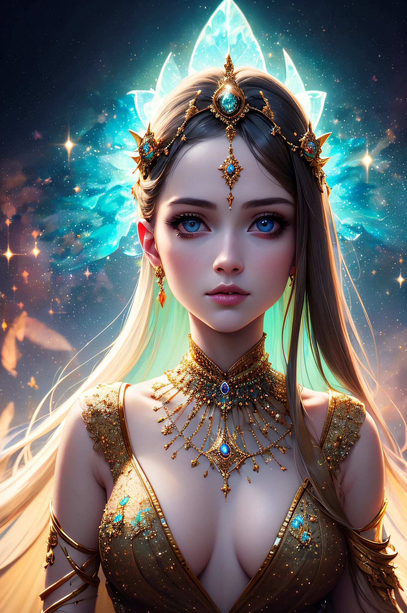 ((best quality)), ((masterpiece)), ((realistic)), portrait,
1girl, celestial, deity, goddess, light particles, halo, looking at viewer,
(bioluminescent:0.95), vibrant, colourful, color, (glowing, glow),
(beautiful composition), cinematic lighting, intricate, (symmetrical:0.5), whimsical,