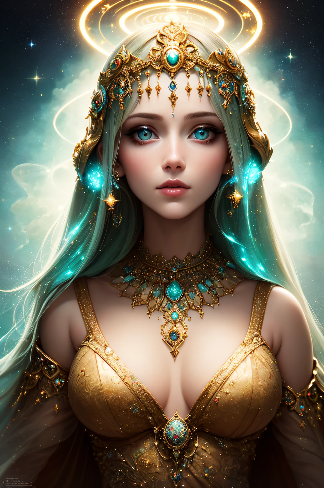 ((best quality)), ((masterpiece)), ((realistic)), portrait,
1girl, celestial, deity, goddess, light particles, halo, looking at viewer,
(bioluminescent:0.95), vibrant, colourful, color, (glowing, glow),
(beautiful composition), cinematic lighting, intricate, (symmetrical:0.5), whimsical,