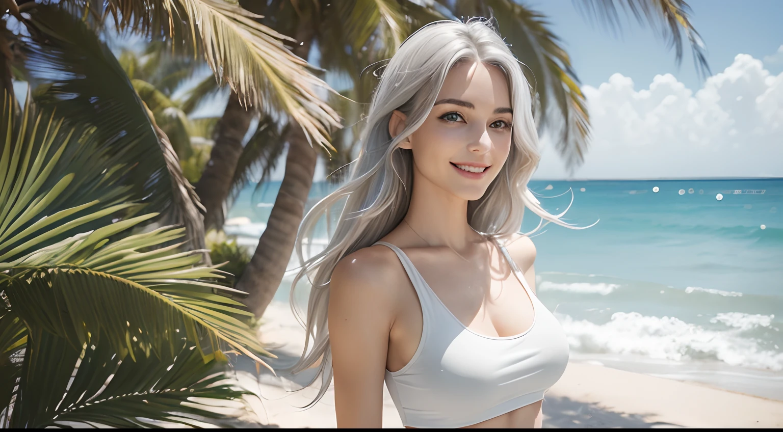 (Masterpiece, Best Quality, Photorealistic, high resolucion, photography, :1.3), (Woman in her 40s, )Close-up shots of faces, Close-up shots of faces, Close-up shots of faces, Sharp focus, (1 Girl, A European girl, Popular models), Realistic skin, Slender body type, Big breasts, (Her long, Pure white silver hair swept to the side, extremely detailed hair), Delicate sexy face, Organoleptic gases, Sparkling lips,(green pupil),(green pupil),(green pupil), ((realisitic, A hyper-realistic, realism, realistic detailed)), (Medium Tits:1.5), (White tank top T-shirt and ripped jean shorts), (A slender waist), (slim thigh), (Small hips), (Sorrisos), (seaside, waves, palm tree) (seaside, waves, palm tree), (Long straight hair), A woman is standing, (Sorrisos), (Sorrisos)