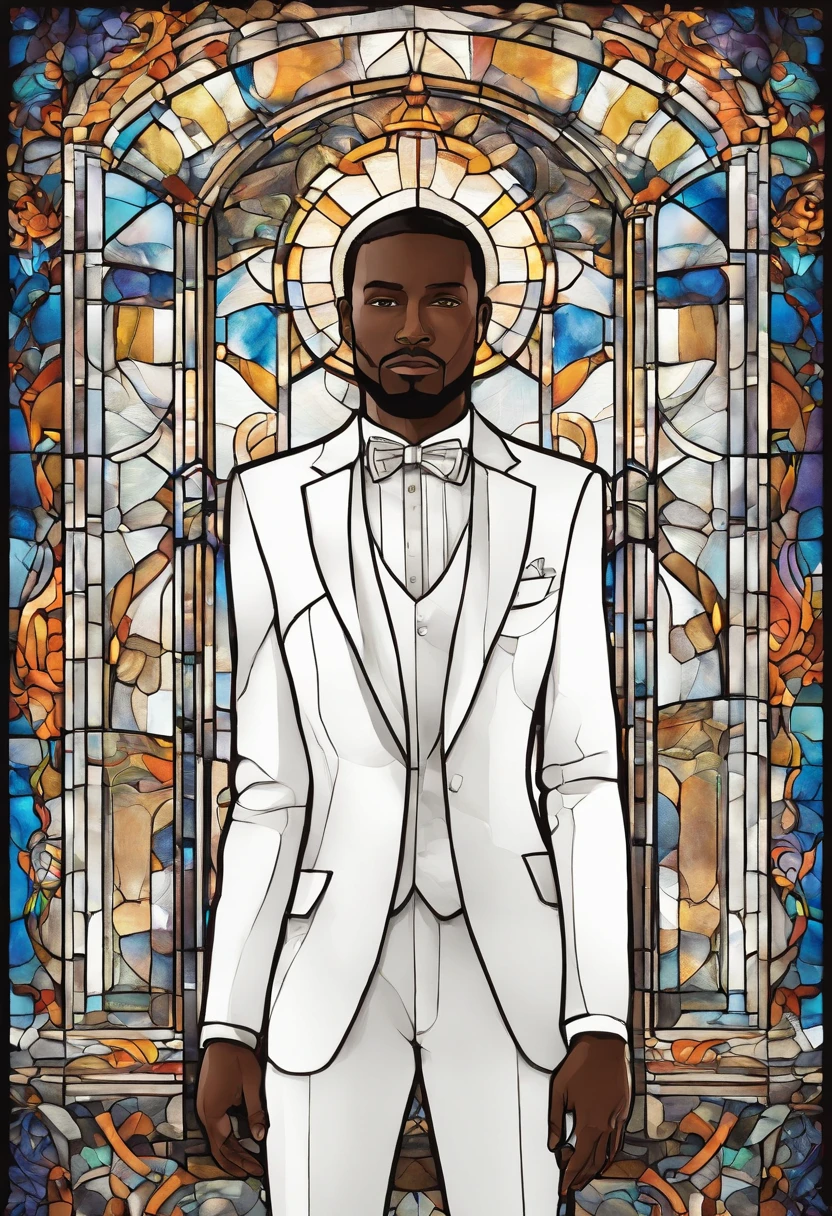 A black man dressed in a white suit stands in front of a white chapel.