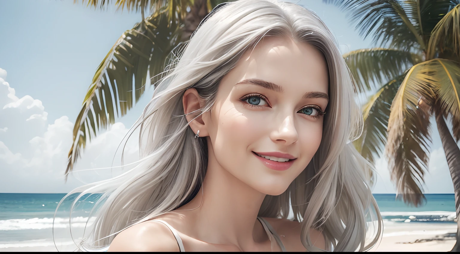 (Masterpiece, Best Quality, Photorealistic, high resolucion, photography, :1.3), (Woman in her 40s, )Close-up shots of faces, Close-up shots of faces, Close-up shots of faces, Sharp focus, (1 Girl, A European girl, Popular models), Realistic skin, Slender body type, Big breasts, (Her long, Pure white silver hair swept to the side, extremely detailed hair), Delicate sexy face, Organoleptic gases, Sparkling lips,(green pupil),(green pupil),(green pupil), ((realisitic, A hyper-realistic, realism, realistic detailed)), (Medium Tits:1.5), (White tank top T-shirt and ripped jean shorts), (A slender waist), (slim thigh), (Small hips), (Sorrisos), (seaside, waves, palm tree) (seaside, waves, palm tree), (Long straight hair), A woman is standing, (Sorrisos), (Sorrisos)